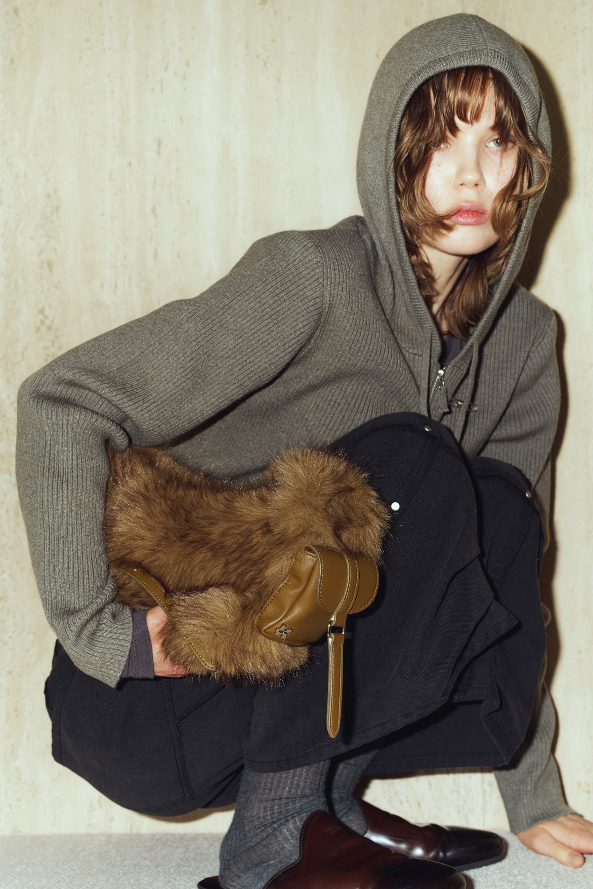 hooded knit parka/gray