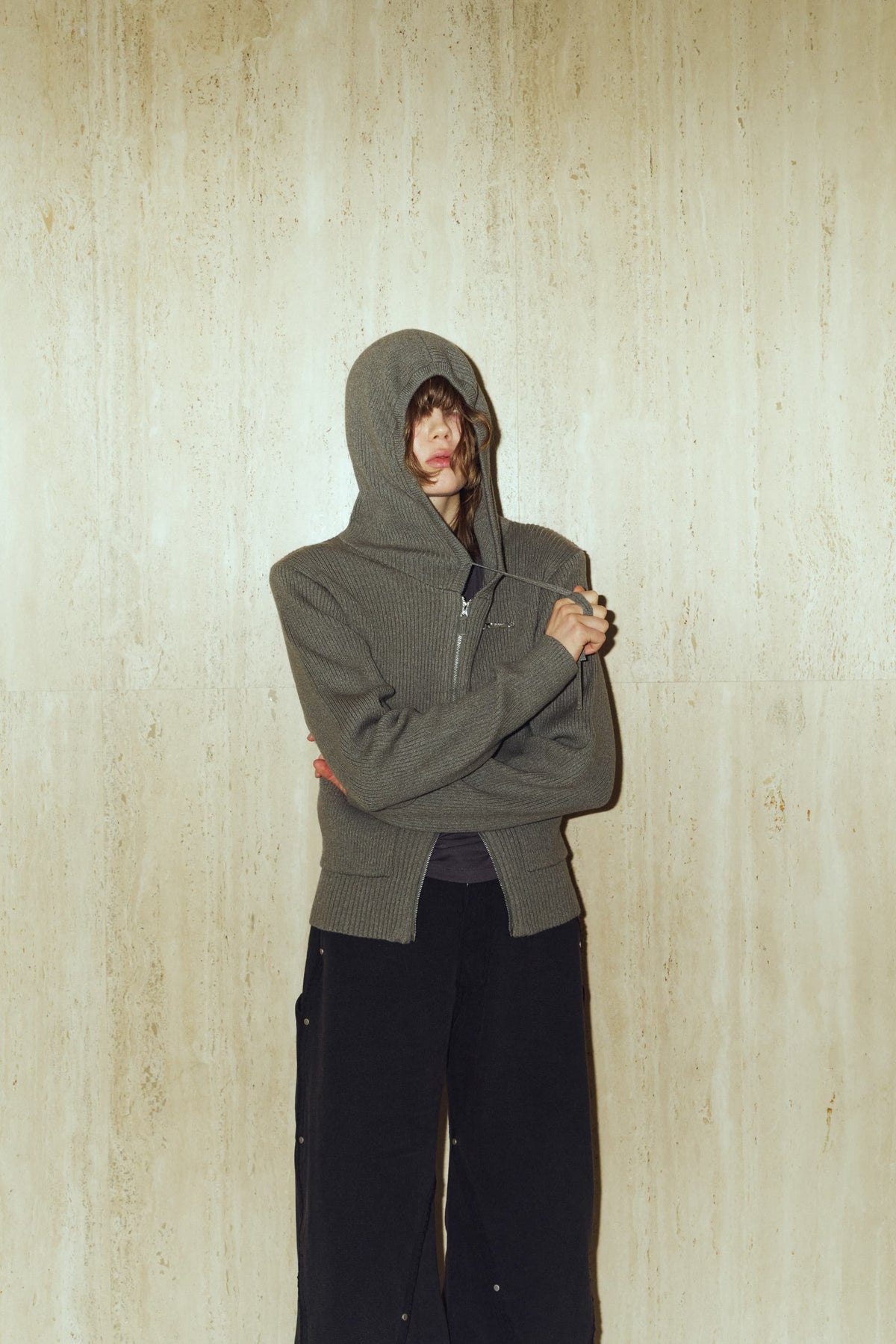 hooded knit parka/gray