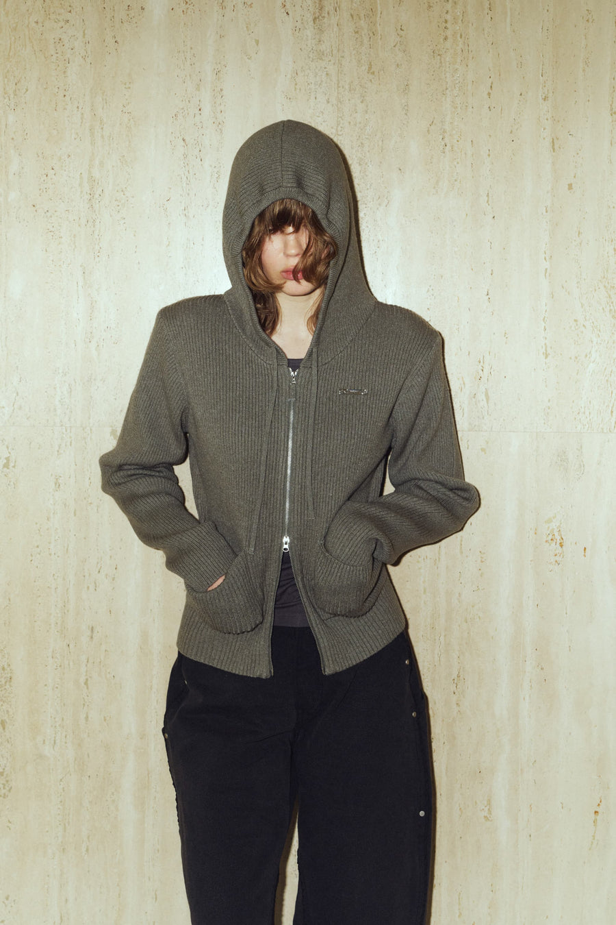hooded knit parka/gray