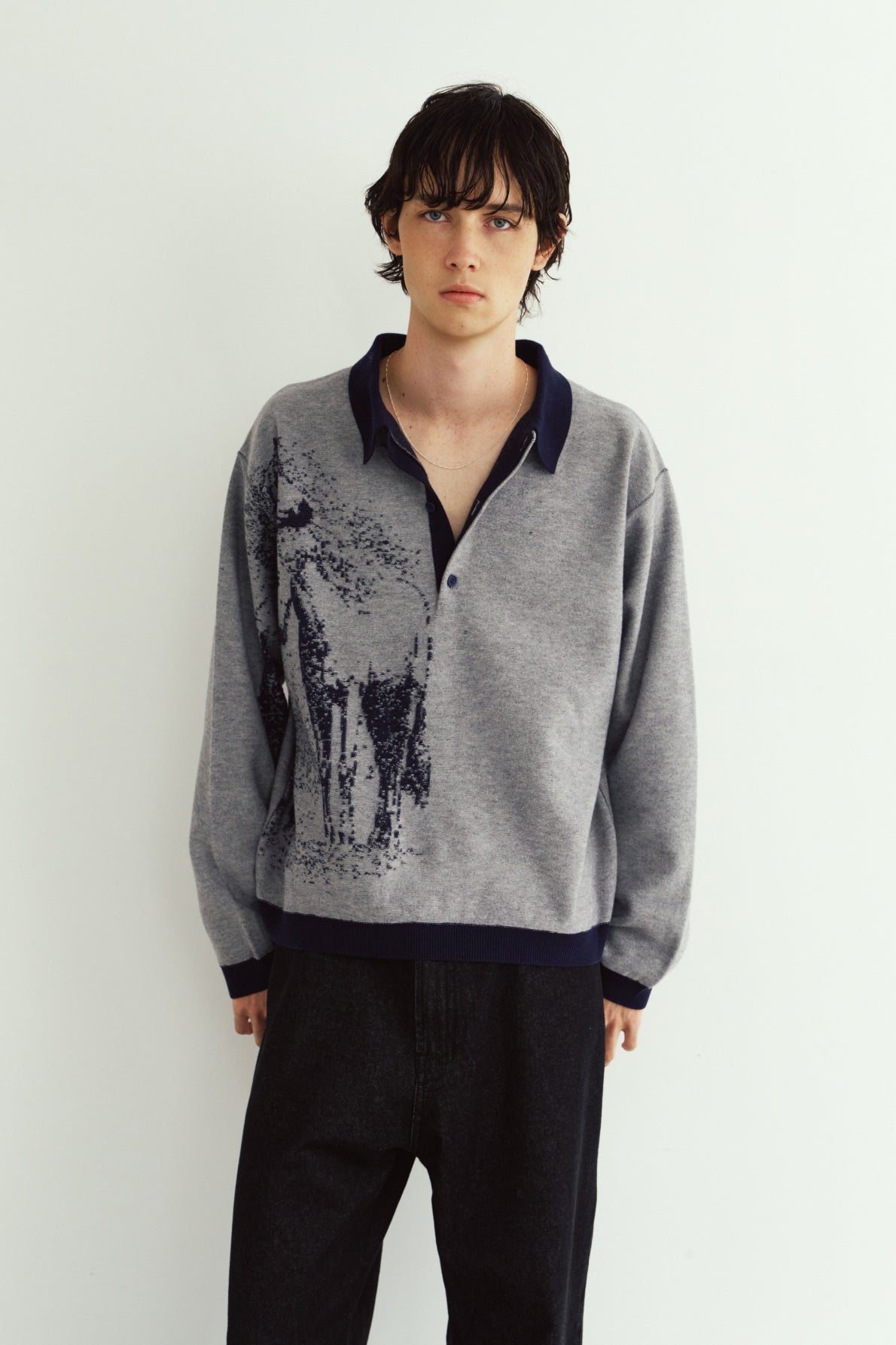 reversible jacquard polo knit(unisex)/navy