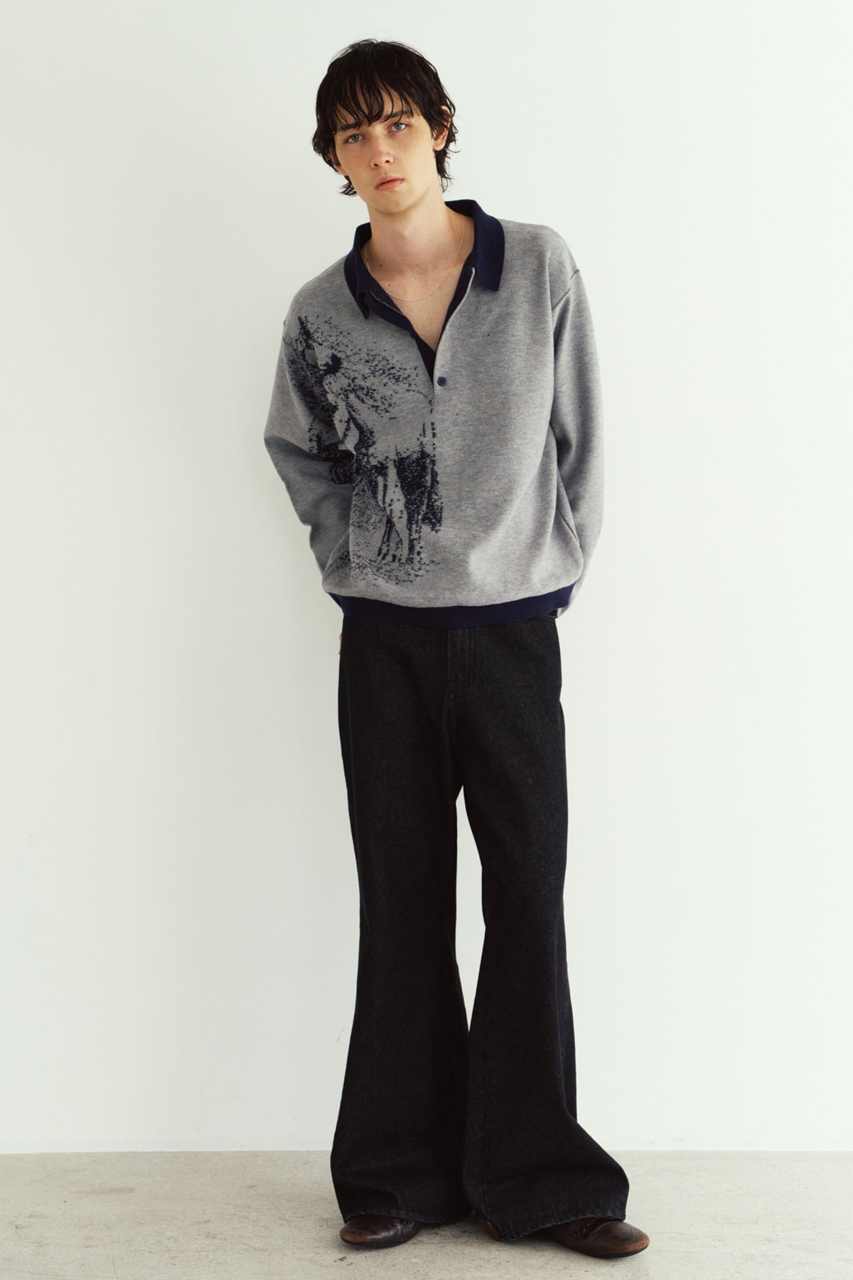 reversible jacquard polo knit(unisex)/navy