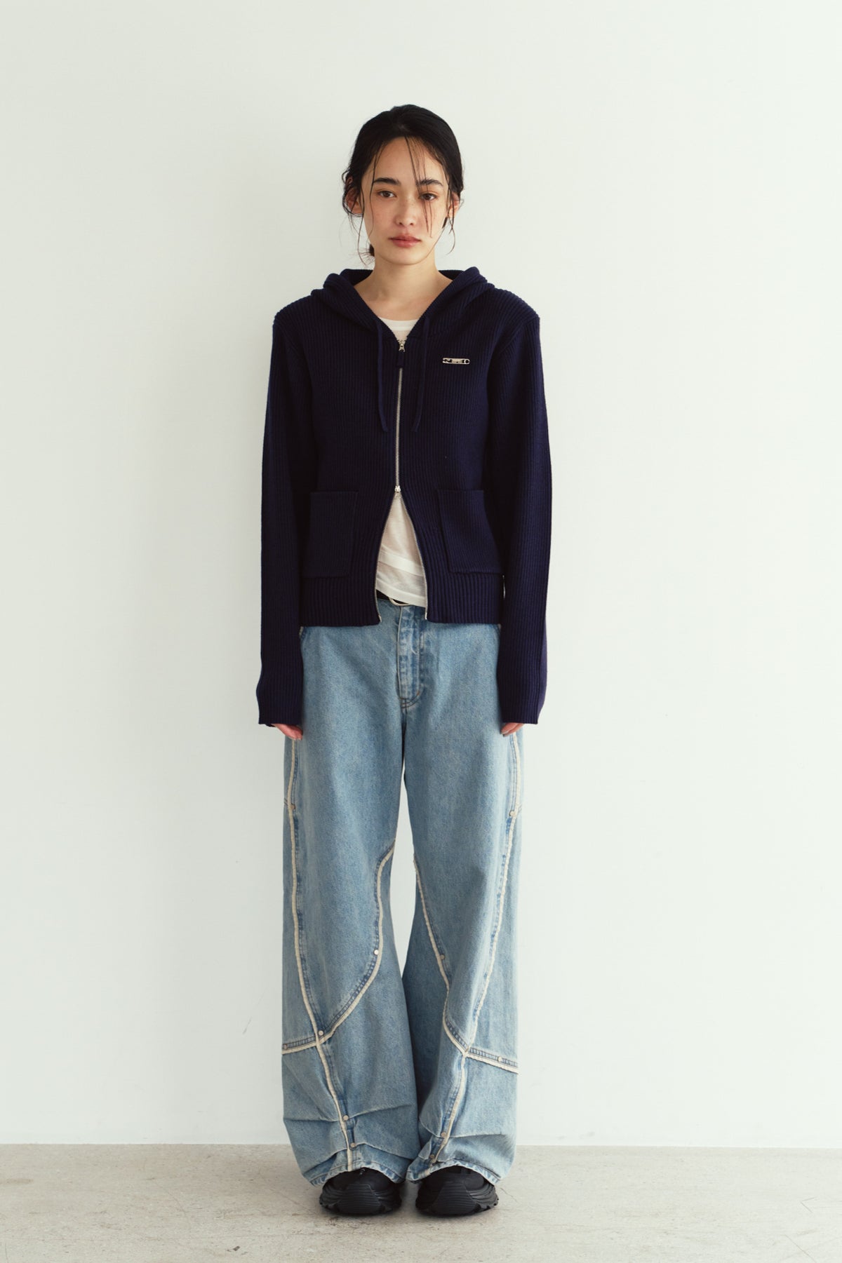 hooded knit parka/navy