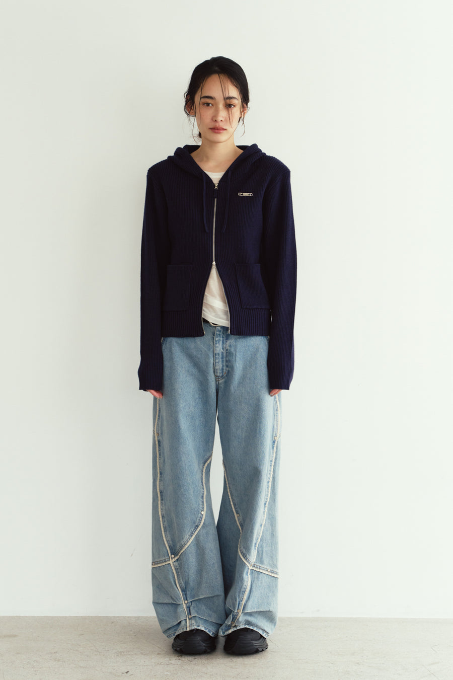 hooded knit parka/navy