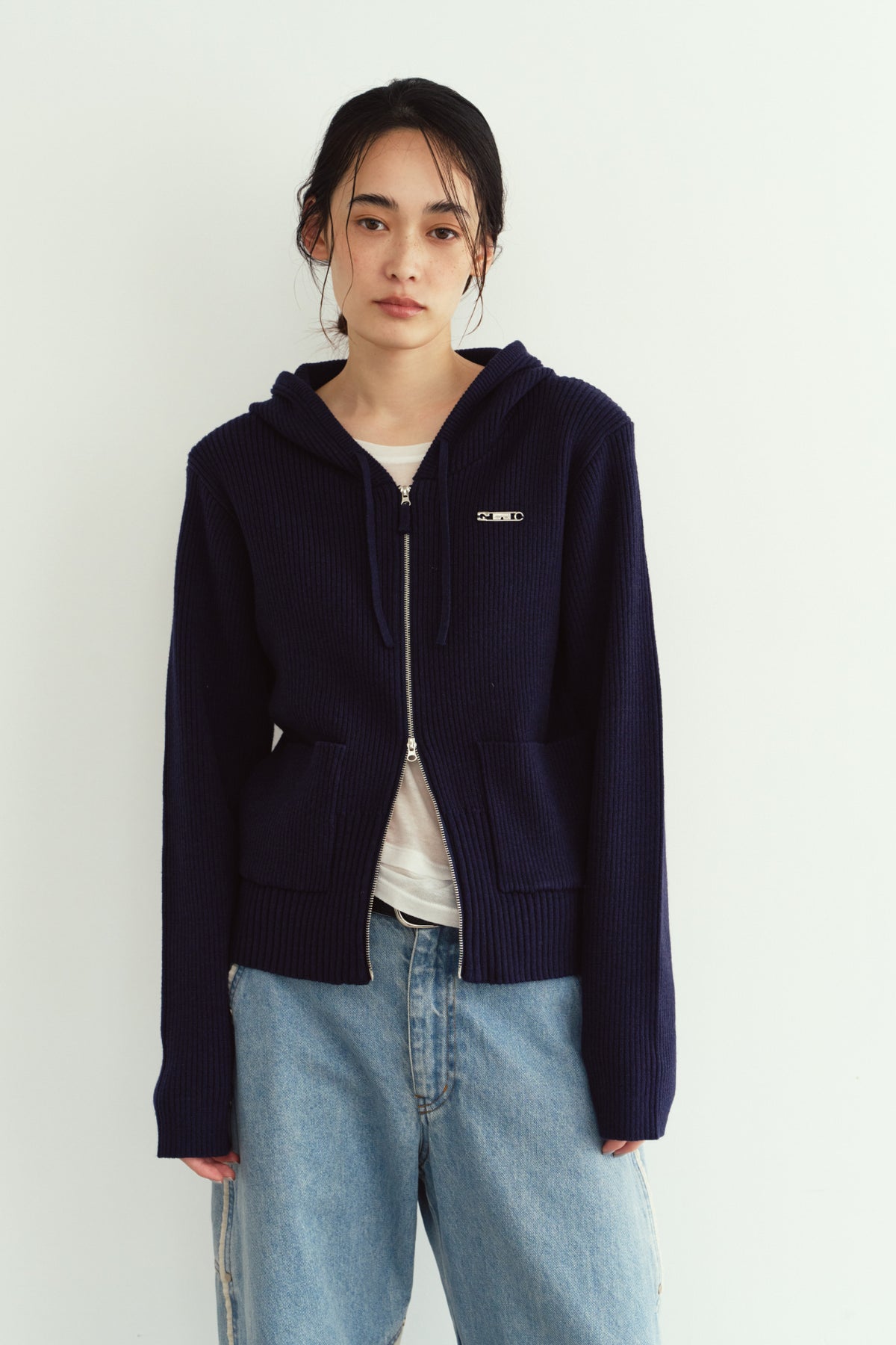 hooded knit parka/navy