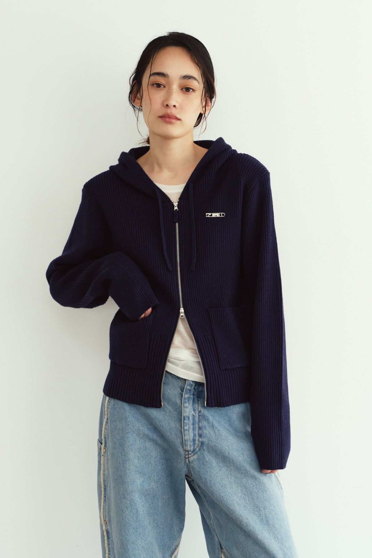 hooded knit parka/navy