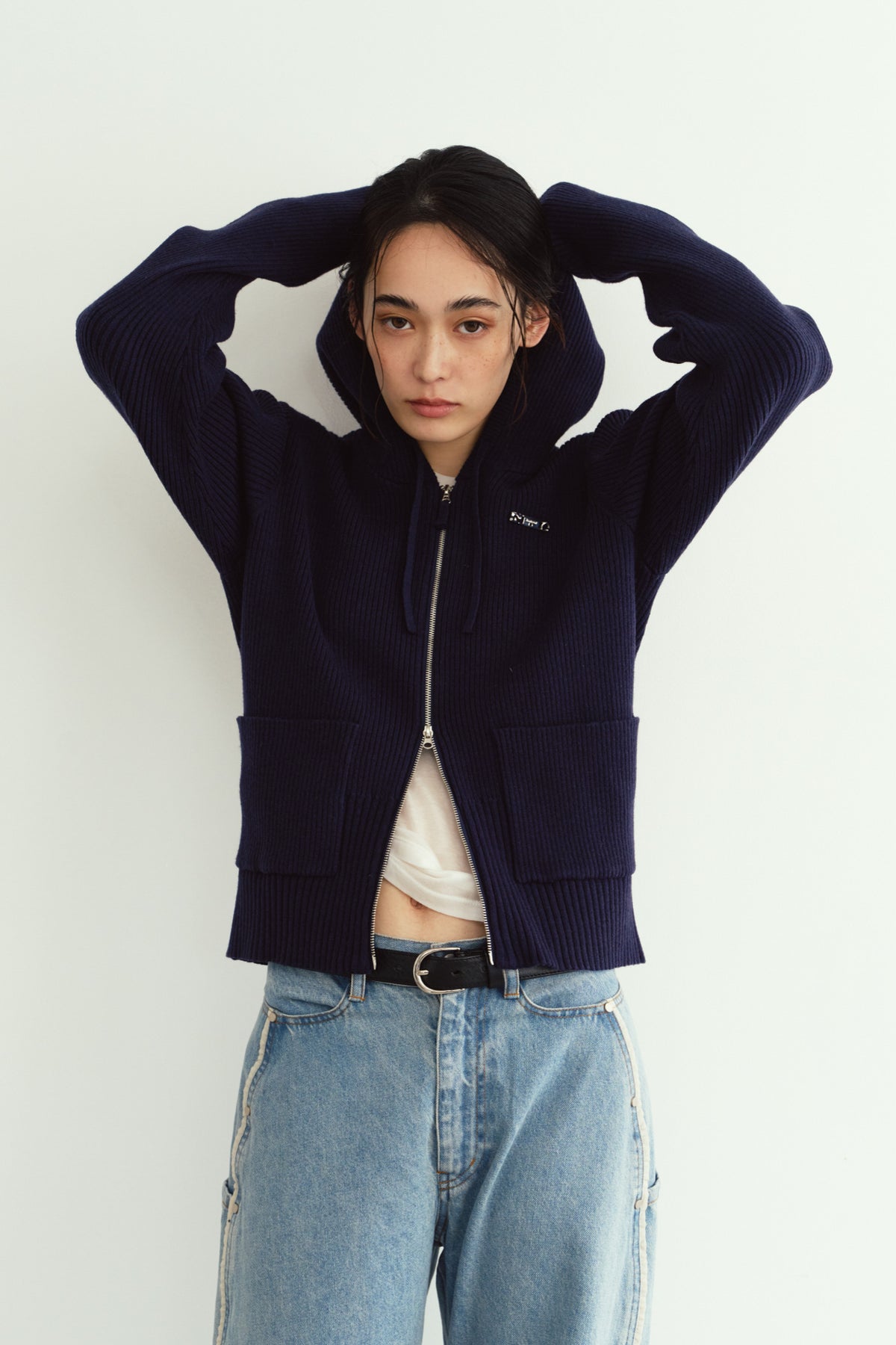hooded knit parka/navy