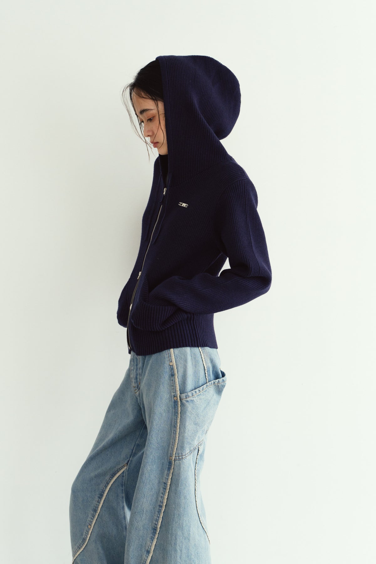 hooded knit parka/navy