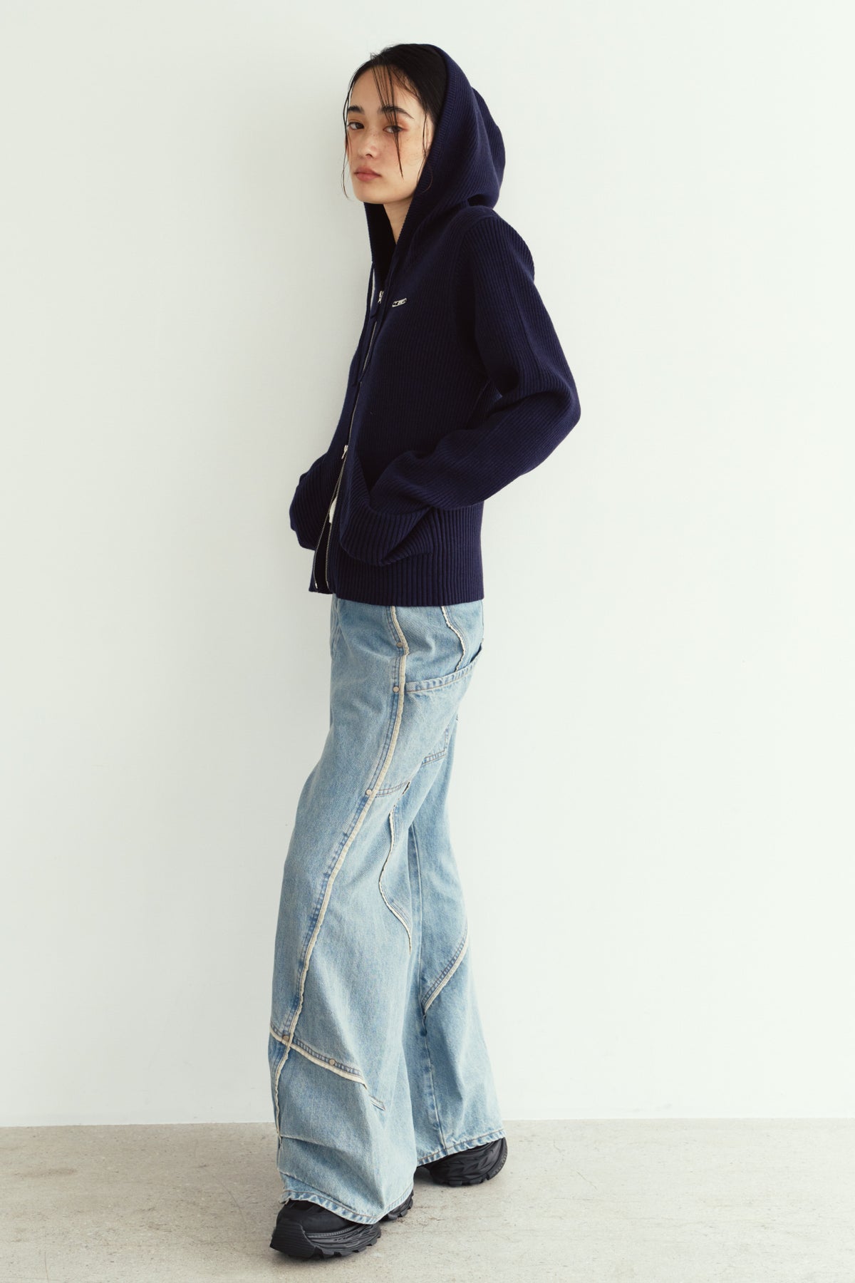 hooded knit parka/navy