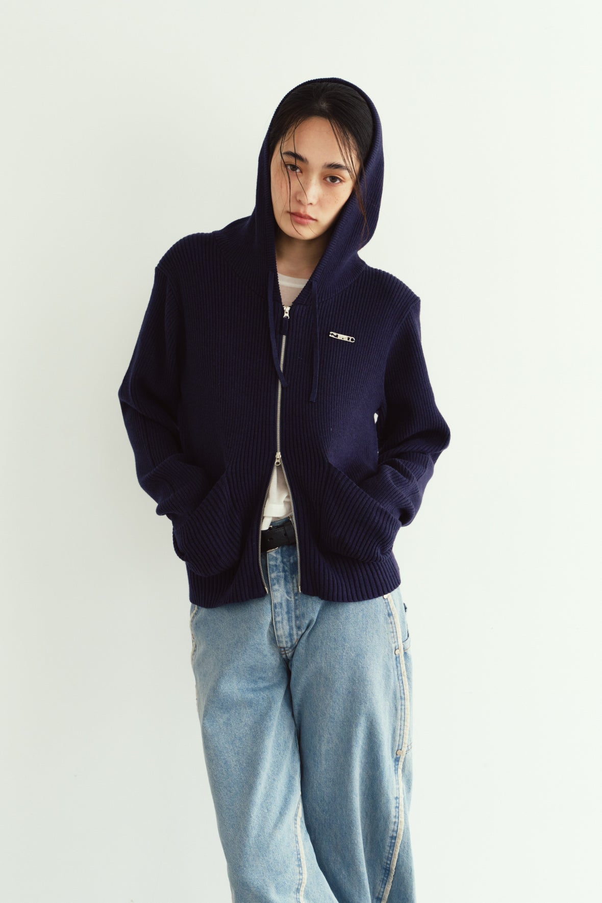 hooded knit parka/navy