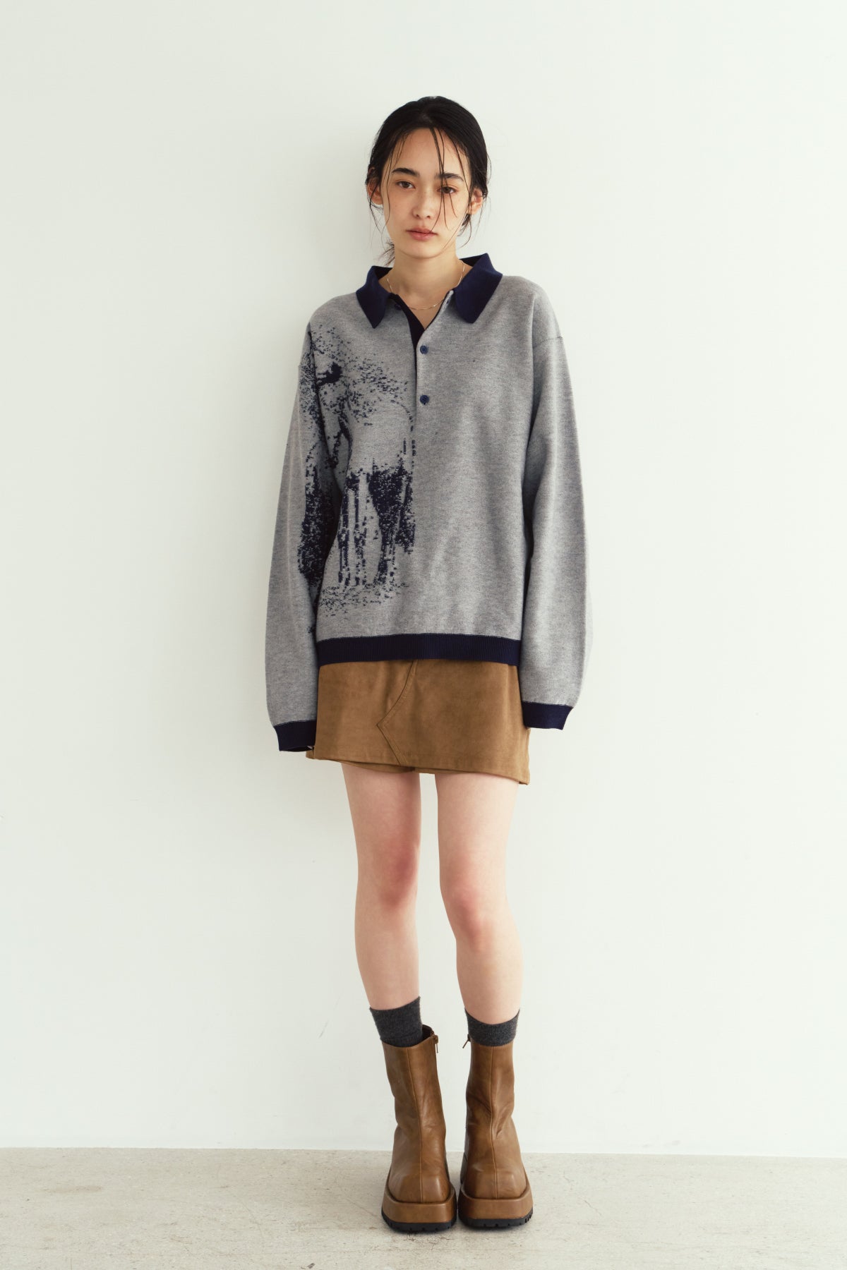 reversible jacquard polo knit(unisex)/navy