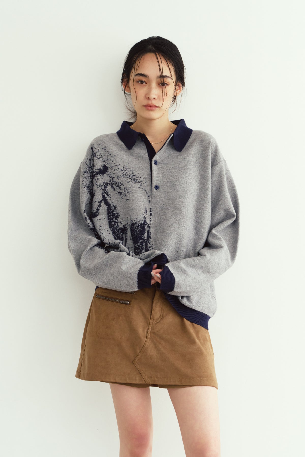 reversible jacquard polo knit(unisex)/navy