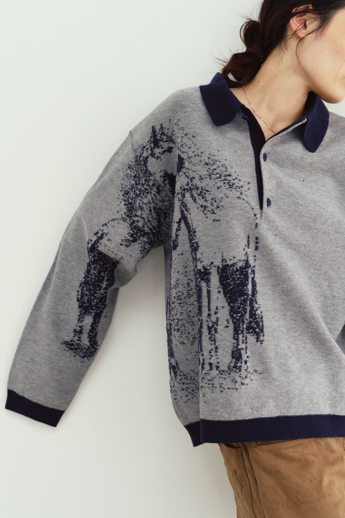 reversible jacquard polo knit(unisex)/navy