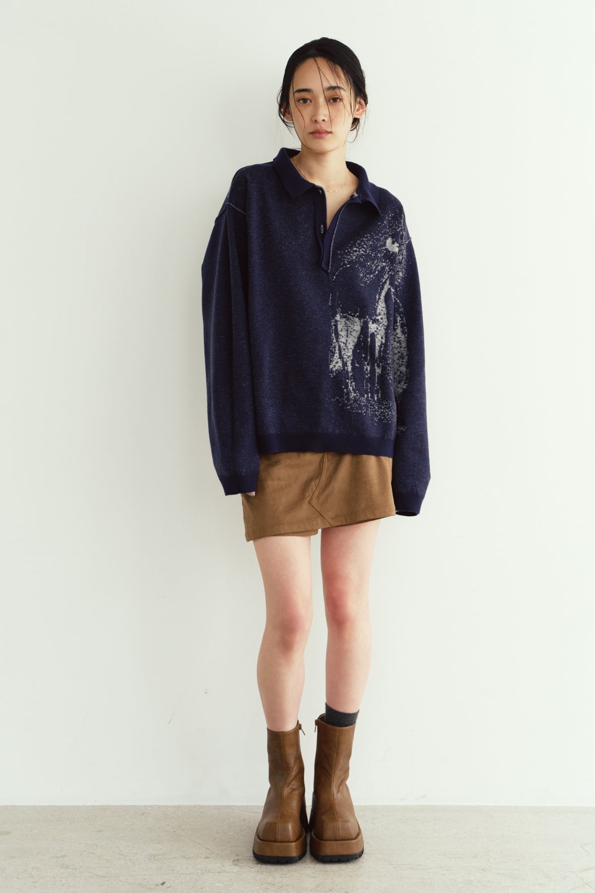 reversible jacquard polo knit(unisex)/navy