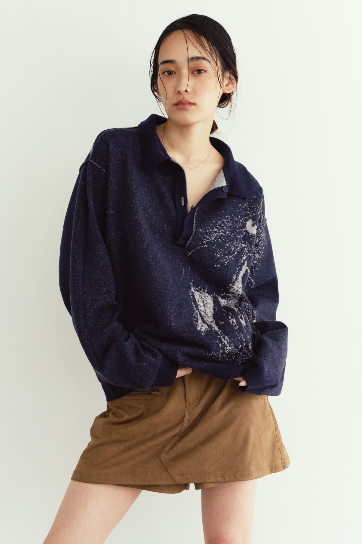 reversible jacquard polo knit(unisex)/navy