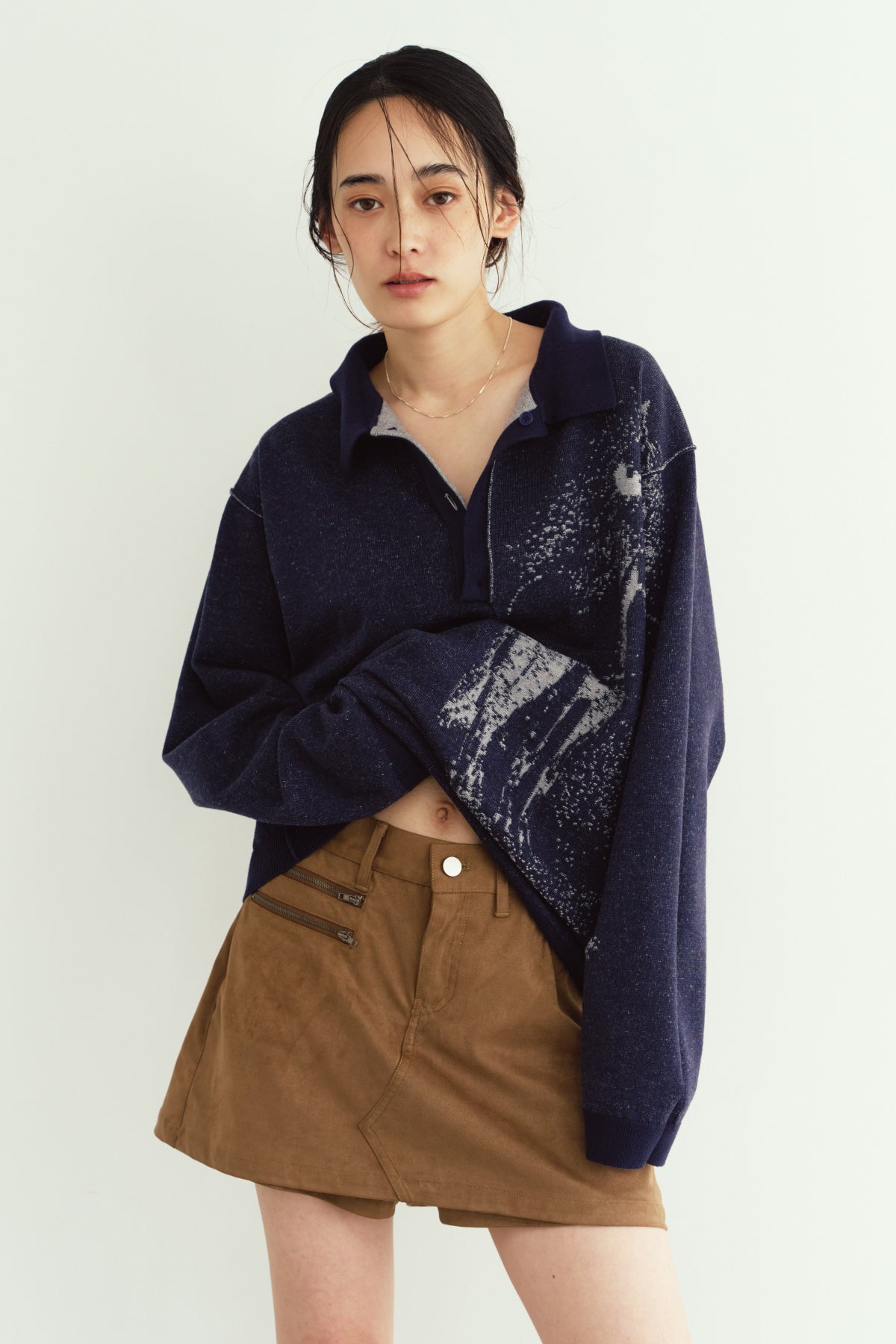 reversible jacquard polo knit(unisex)/navy