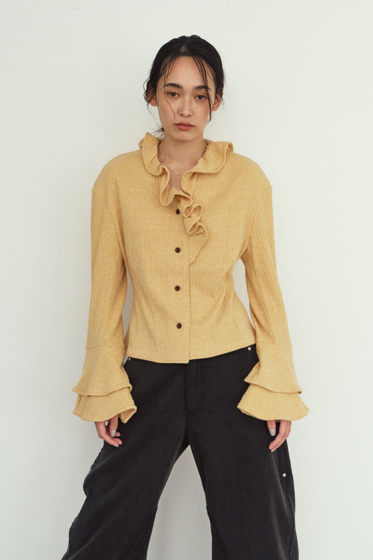 drop shoulder frill knit/yellow