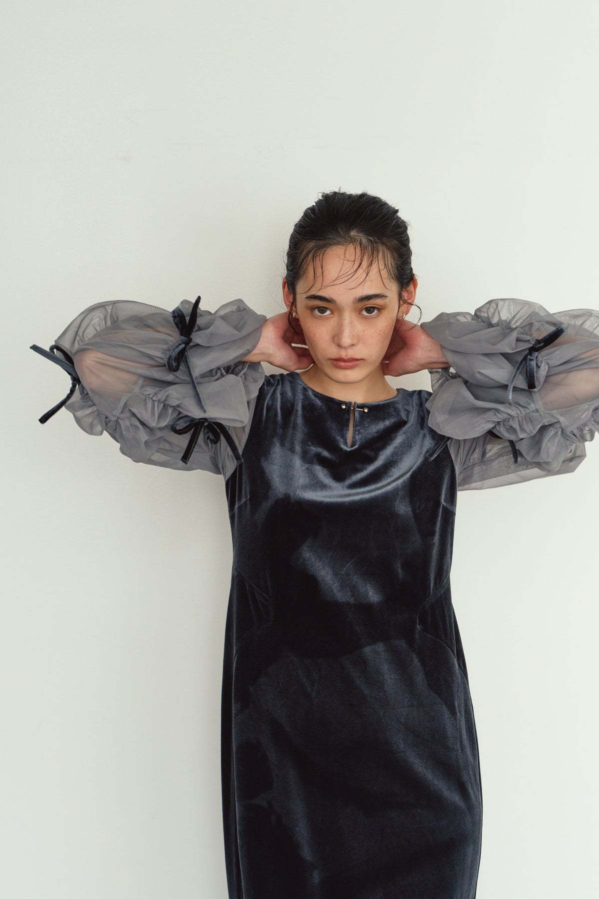 draped tulle dress/bluegray