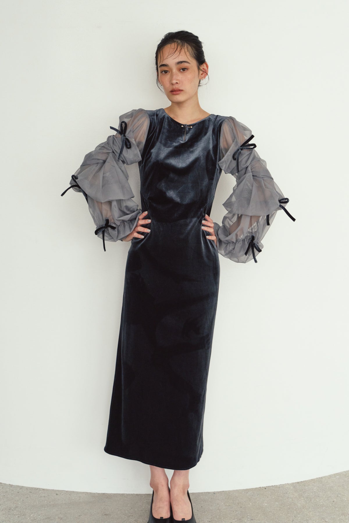 draped tulle dress/bluegray