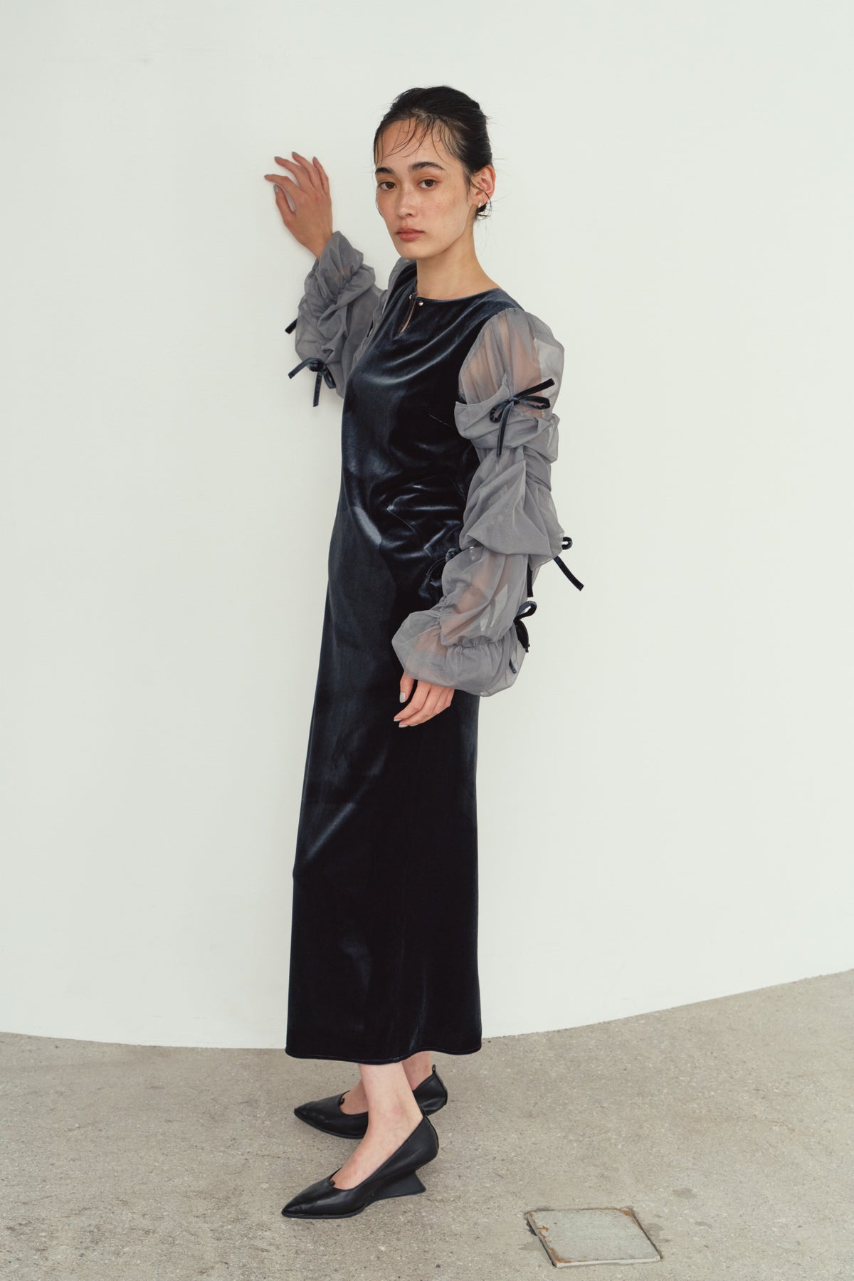 draped tulle dress/bluegray