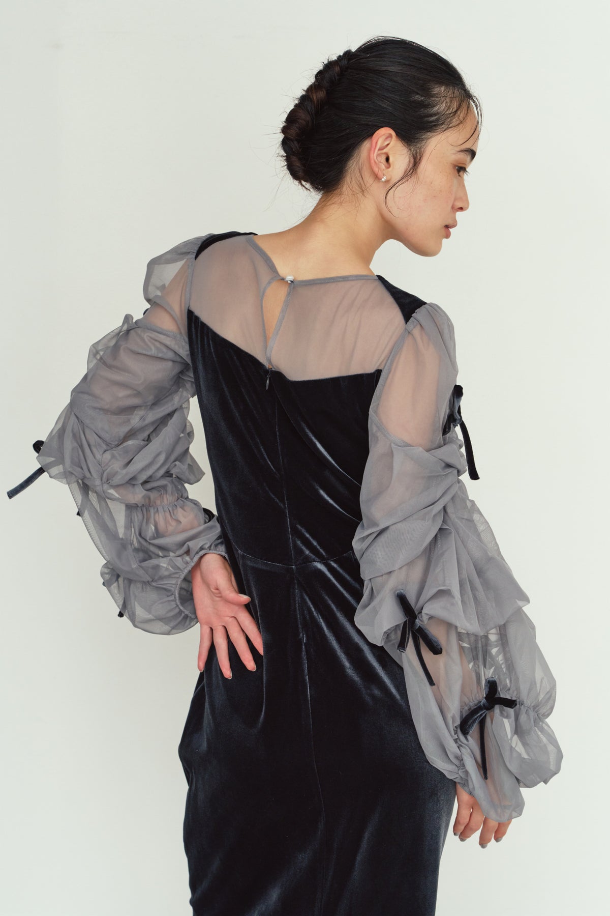 draped tulle dress/bluegray