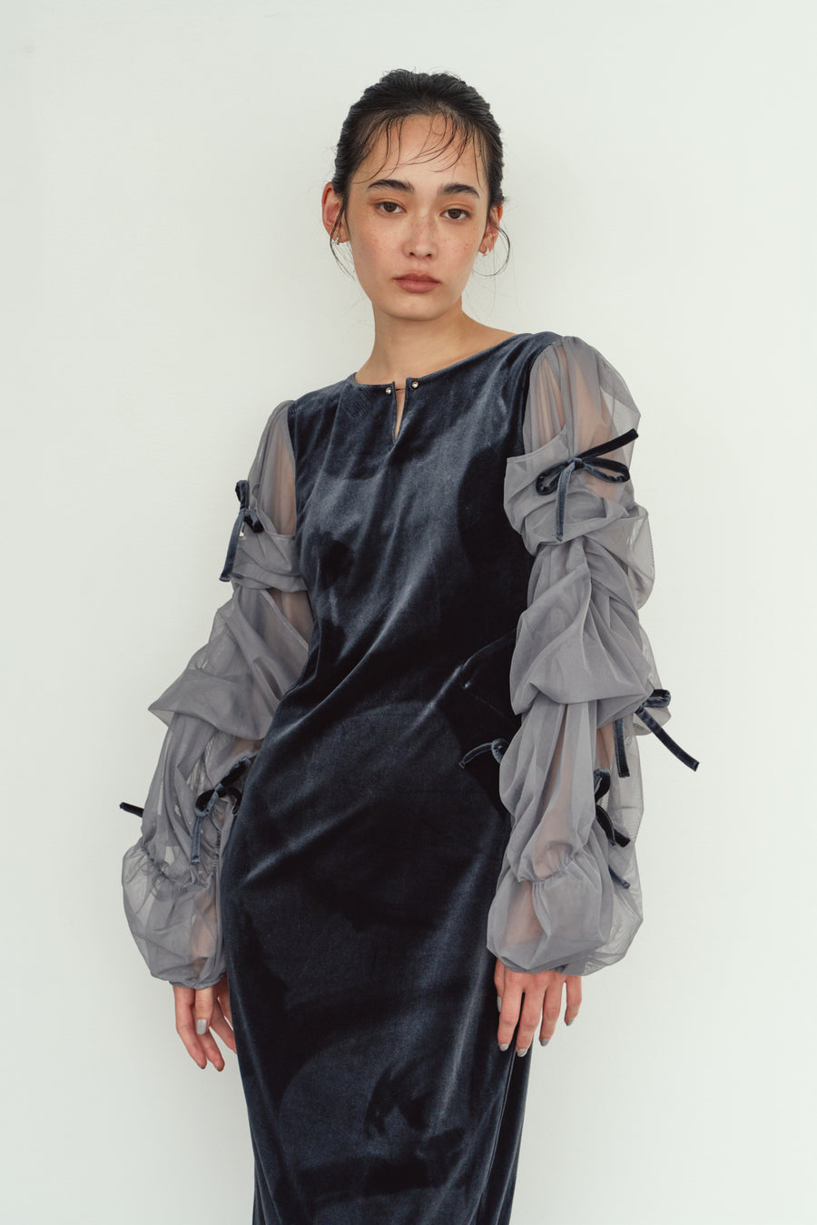 draped tulle dress/bluegray
