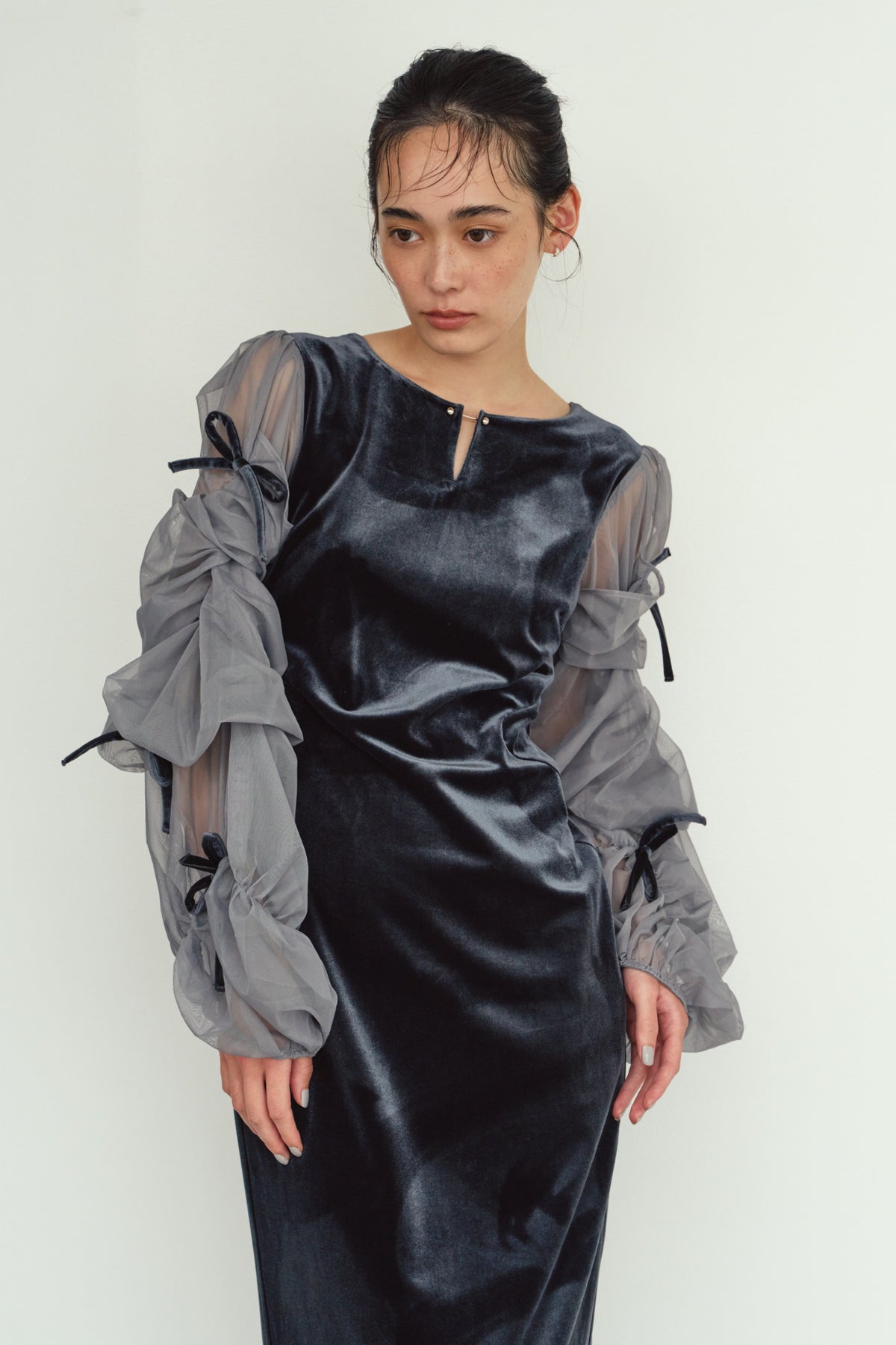 draped tulle dress/bluegray