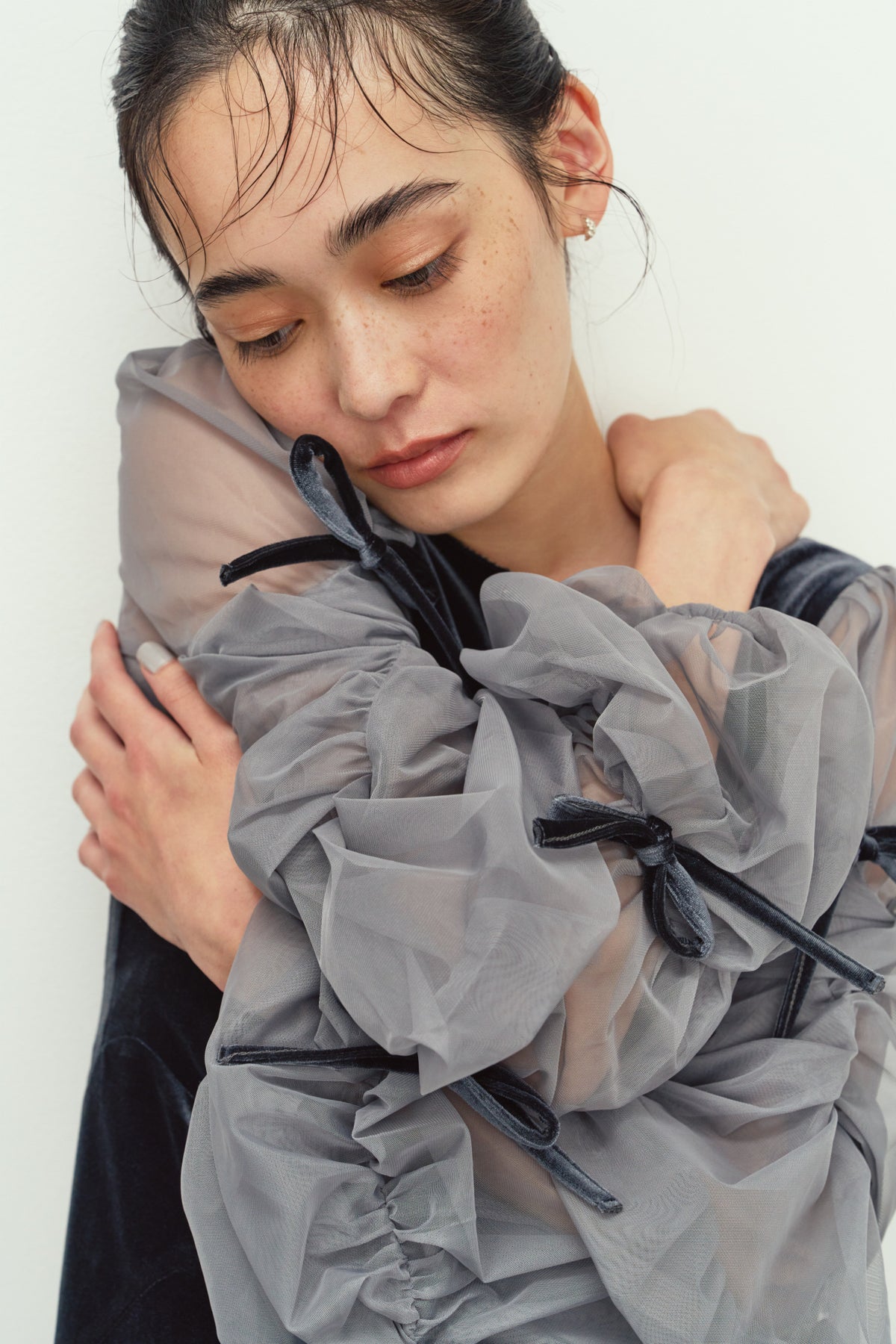 draped tulle dress/bluegray