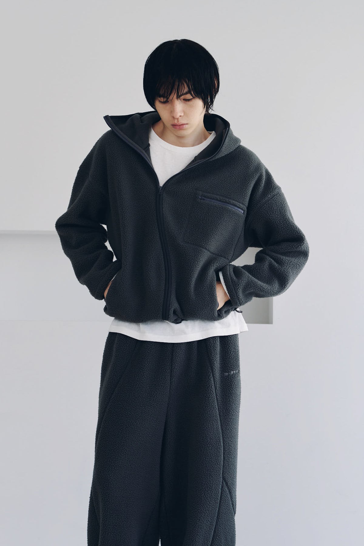 curved zip boa hoodie(unisex)/gray