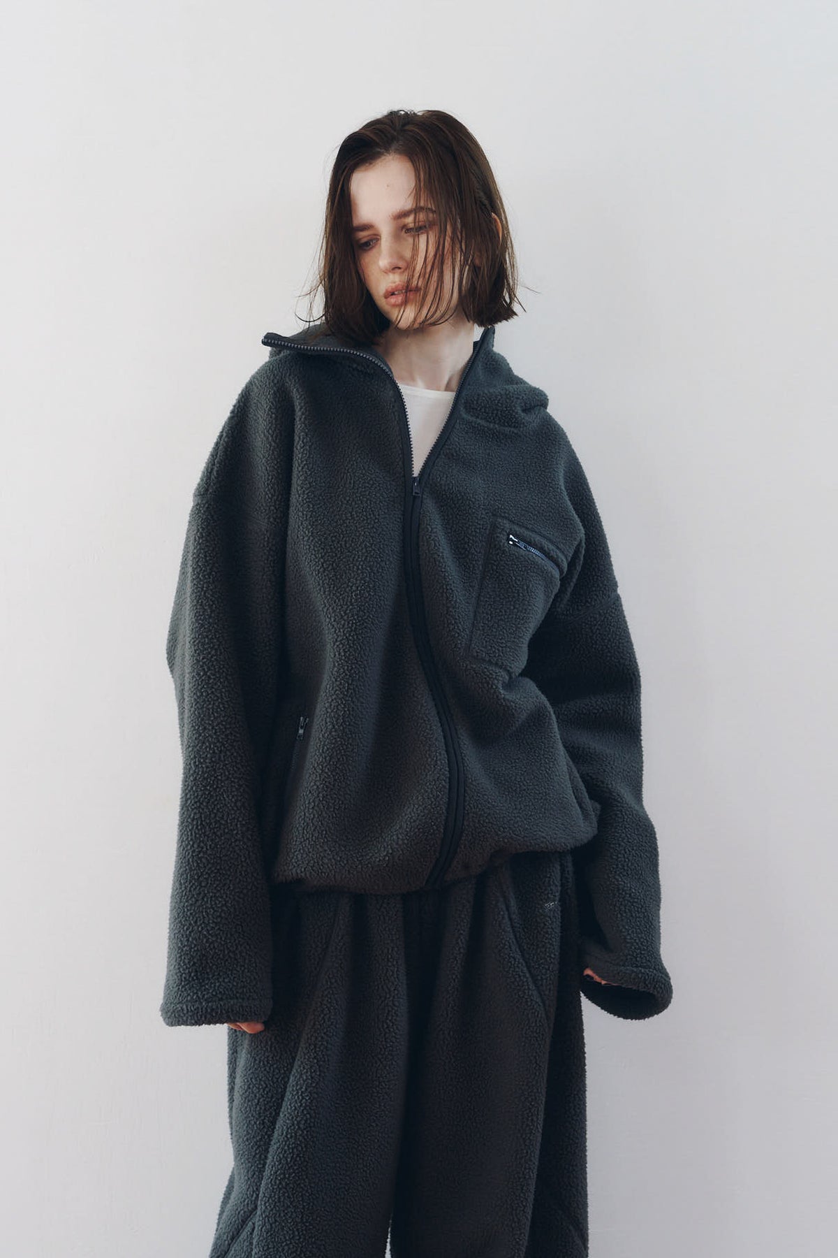 curved zip boa hoodie(unisex)/gray