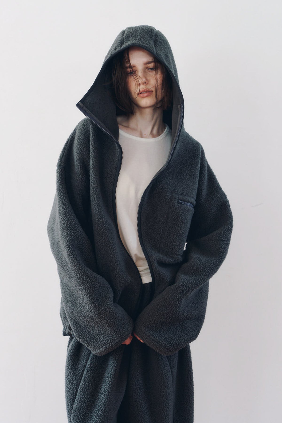 curved zip boa hoodie(unisex)/gray