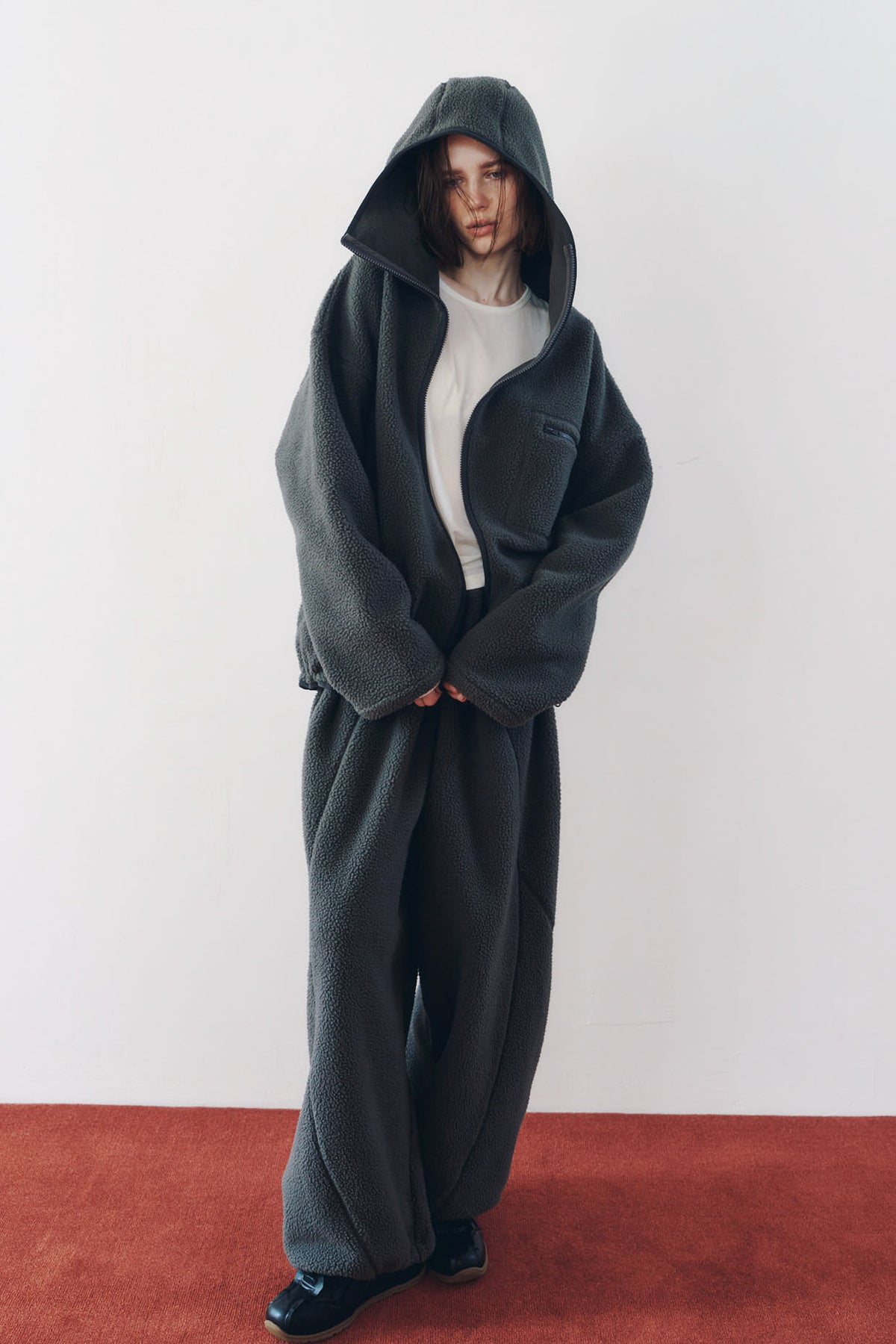 curved zip boa hoodie(unisex)/gray