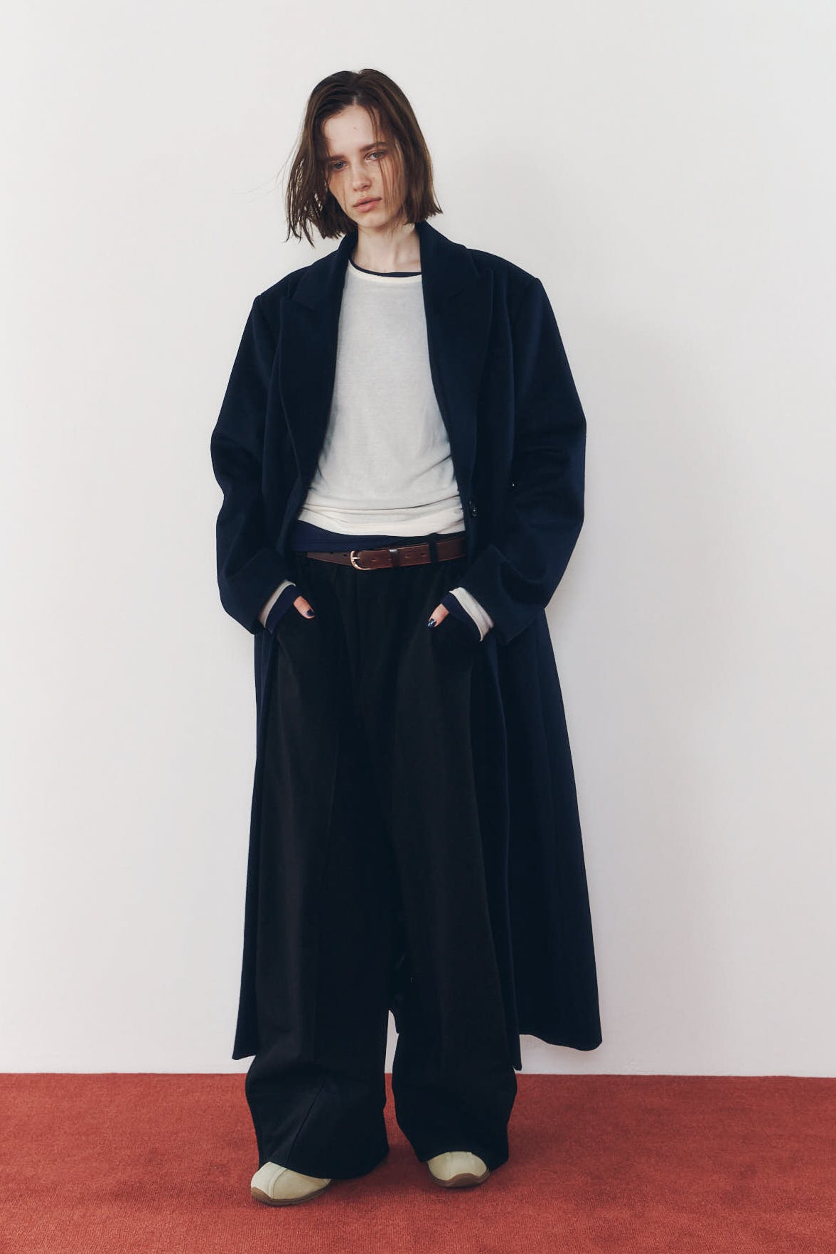 single-breasted long coat/navy