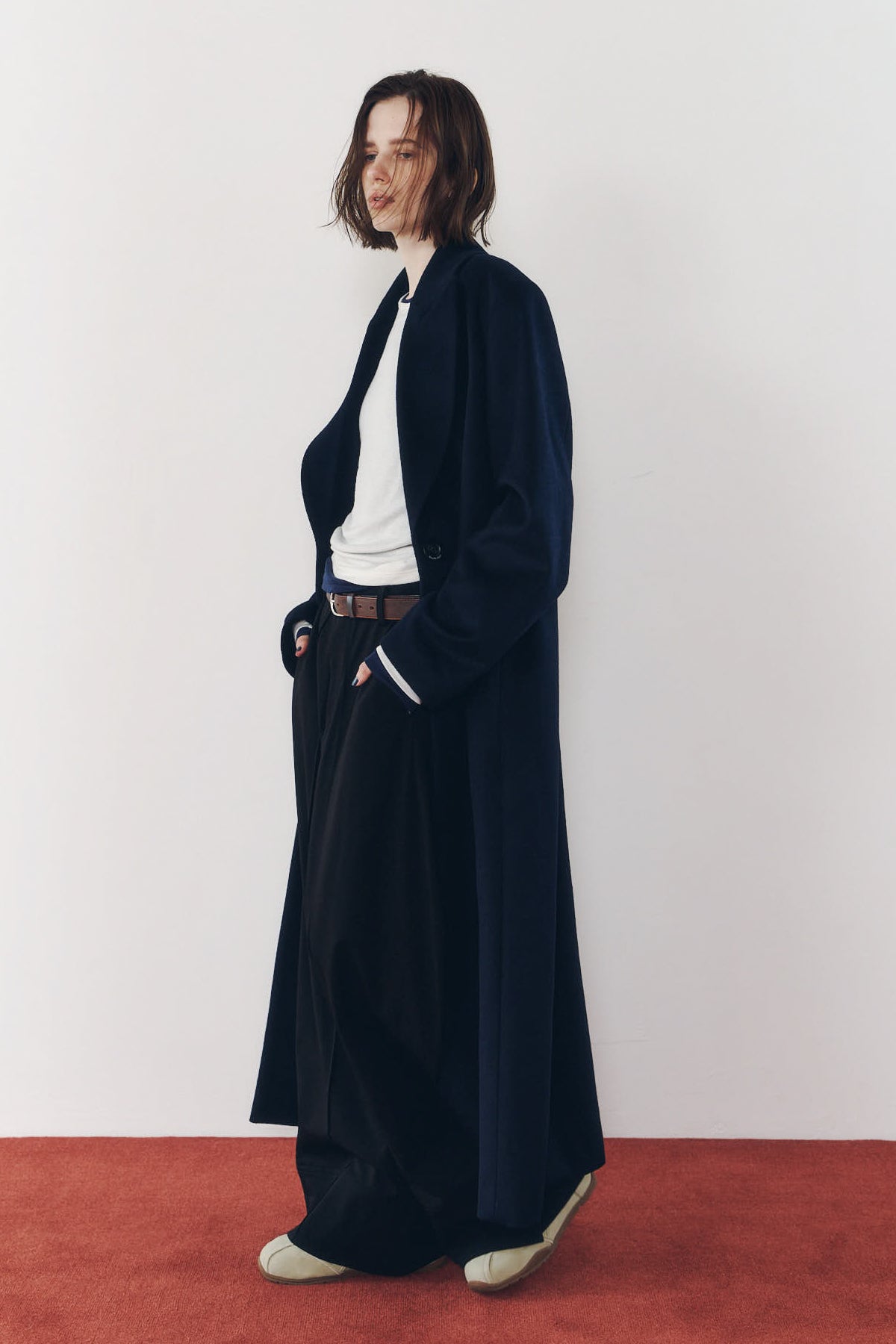 single-breasted long coat/navy