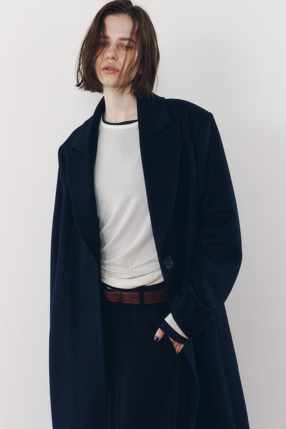 single-breasted long coat/navy