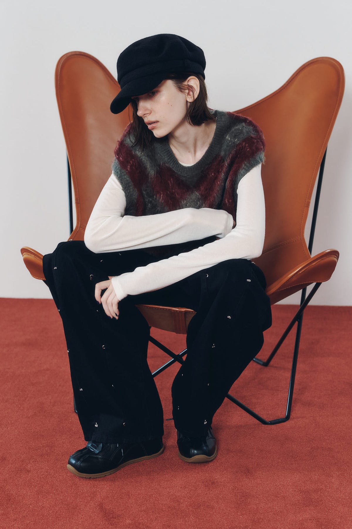 argyle knit vest/red