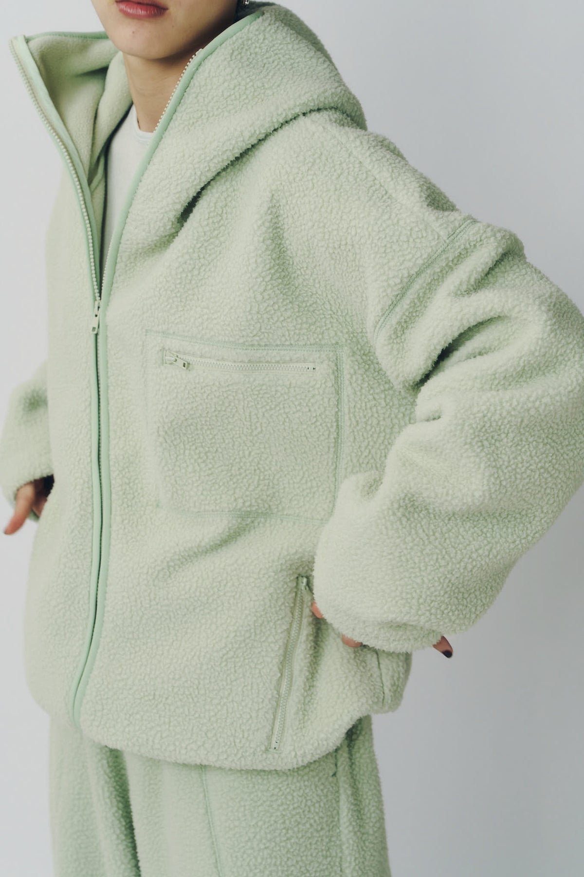 curved zip boa hoodie(unisex)/mint