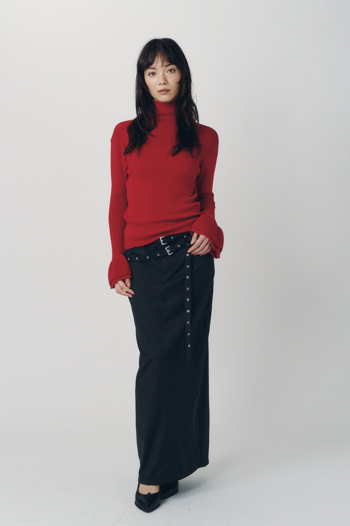 frill high neck knit/red