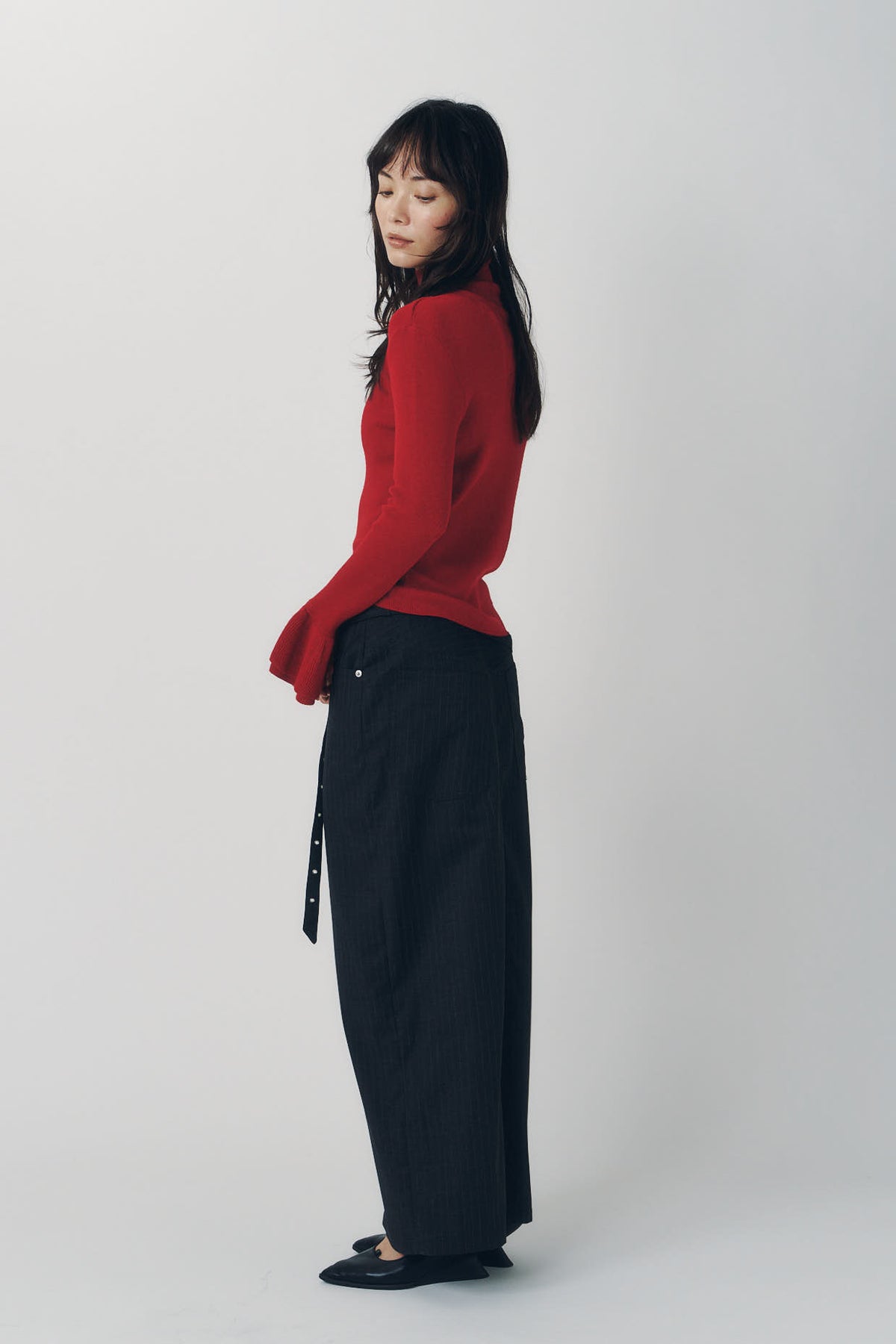 frill high neck knit/red