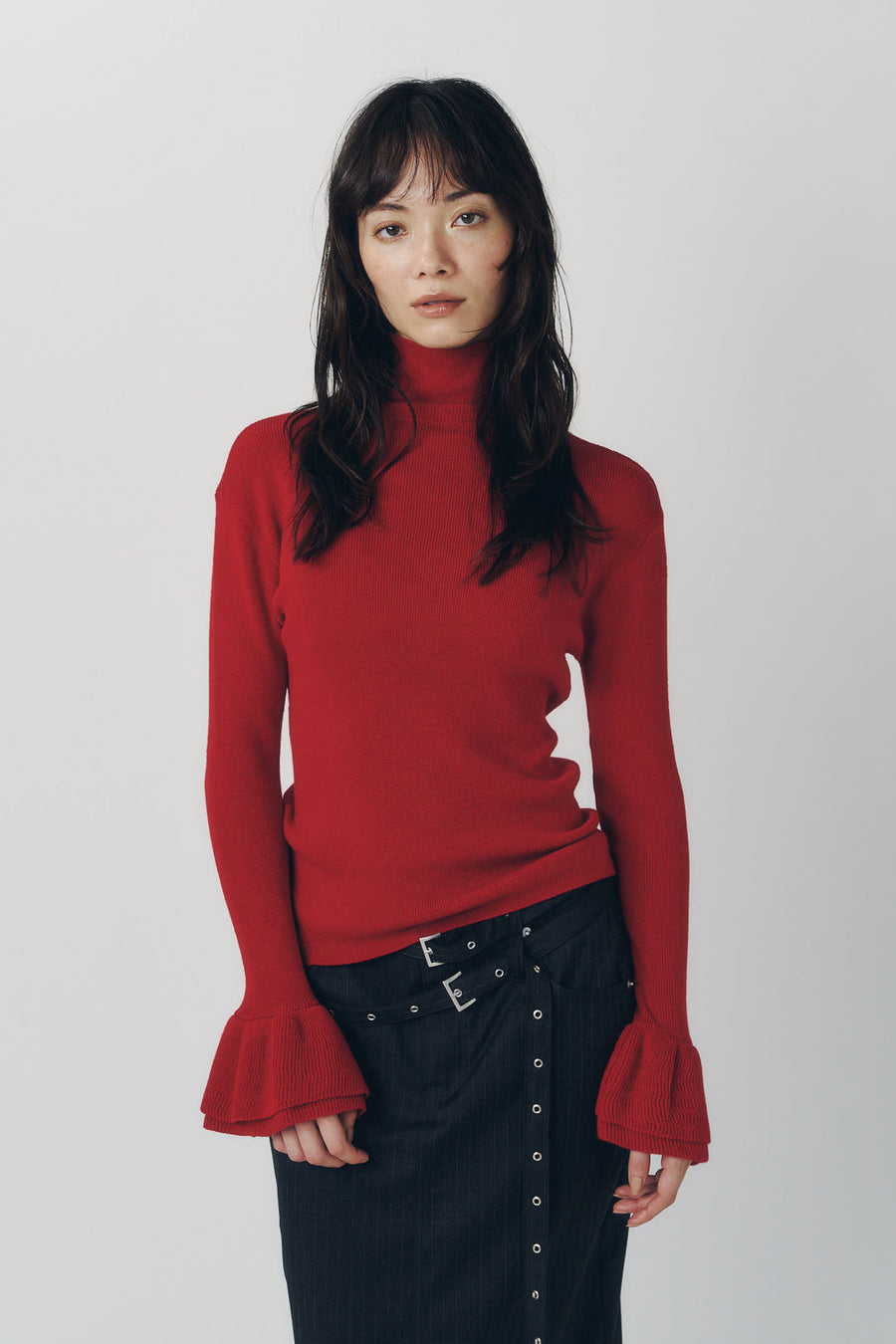 frill high neck knit/red