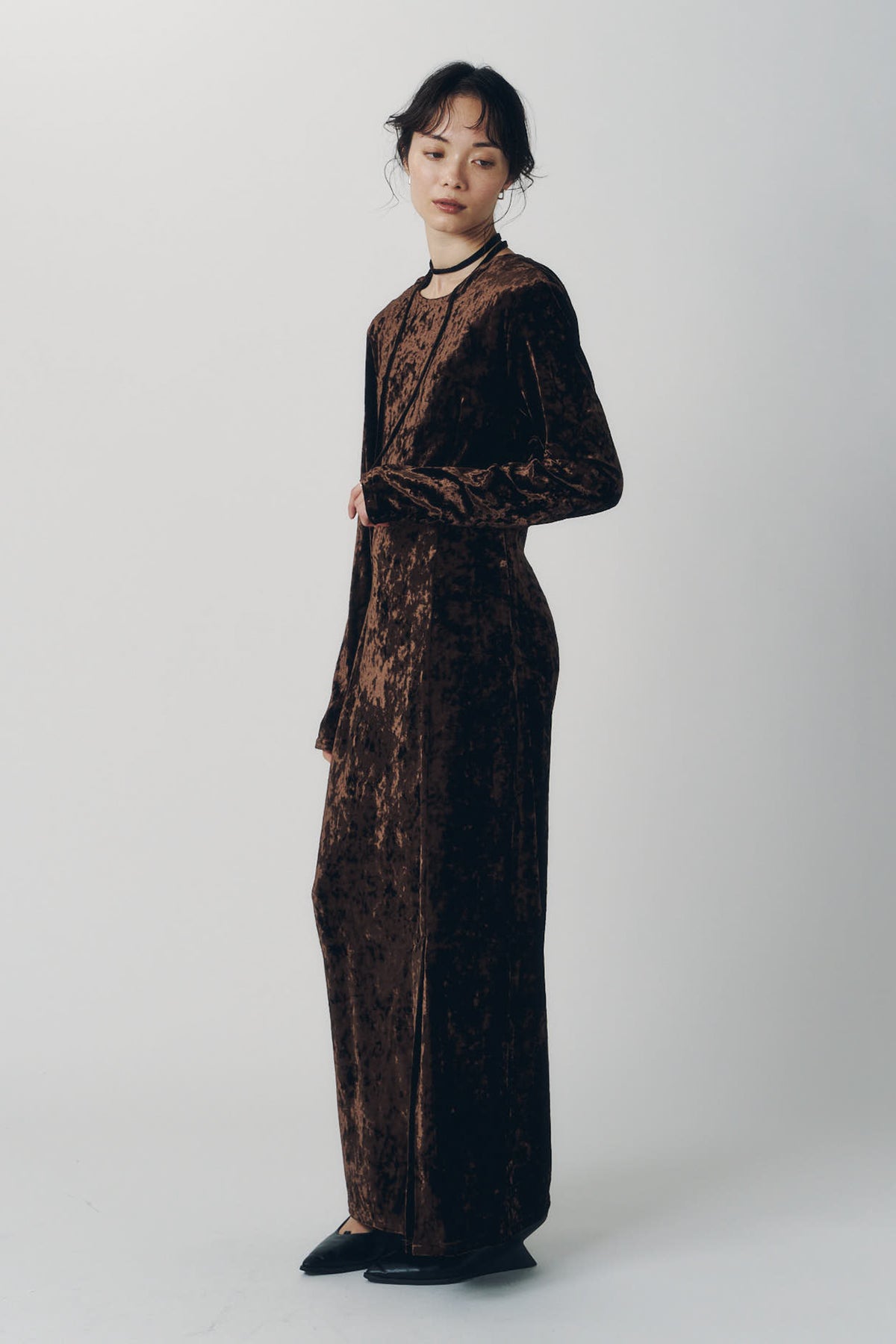 2way draped velour dress/brown