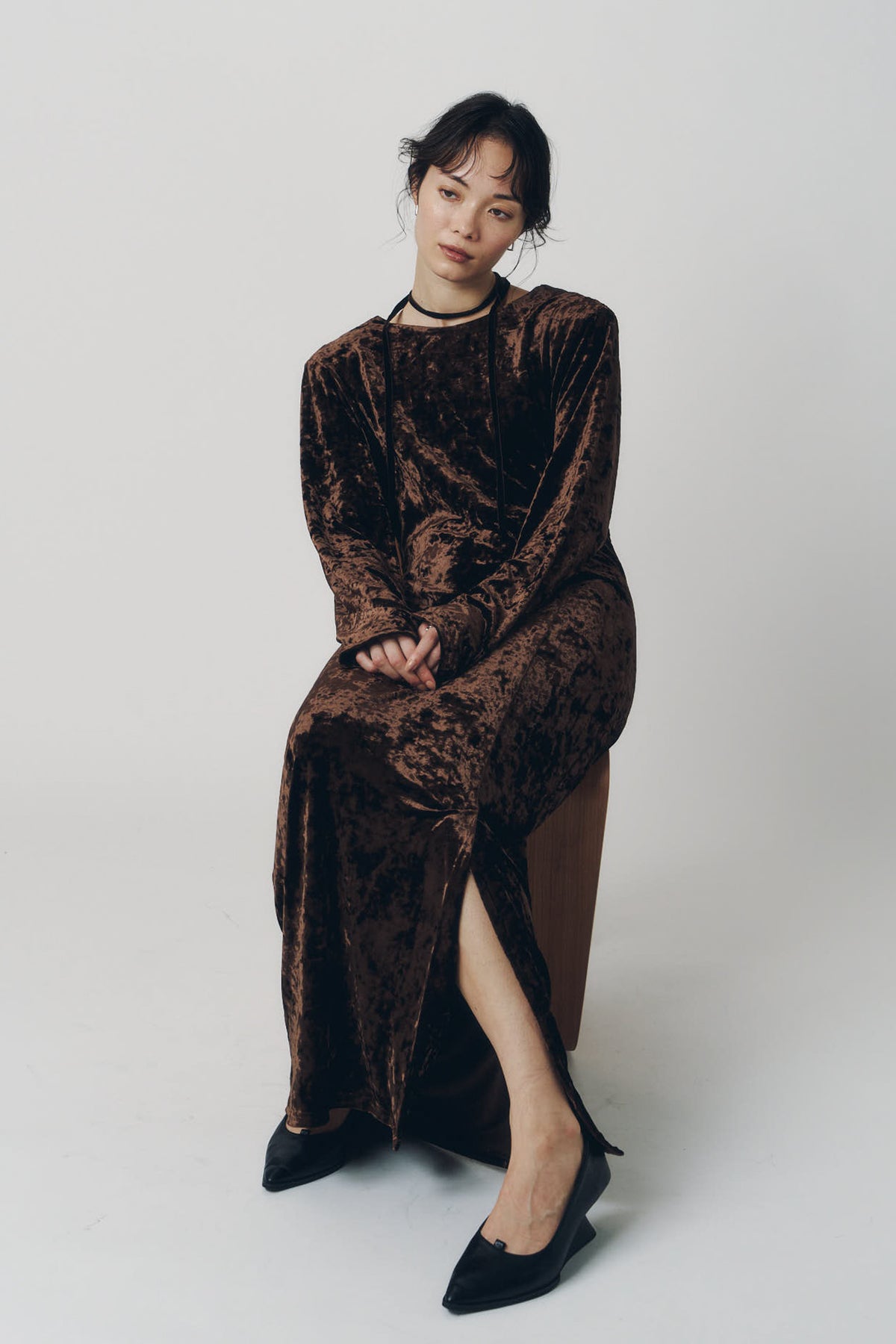 2way draped velour dress/brown