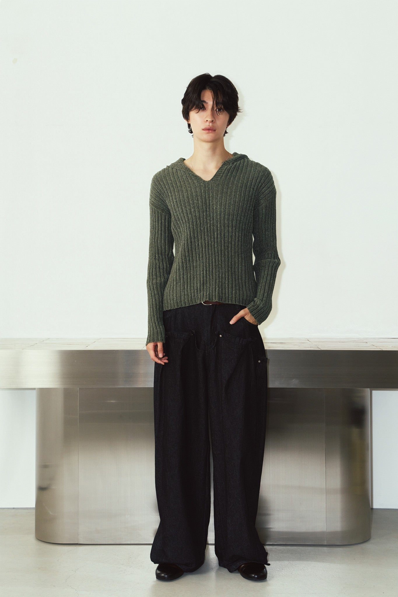 rib hoodie boucle knit/khaki