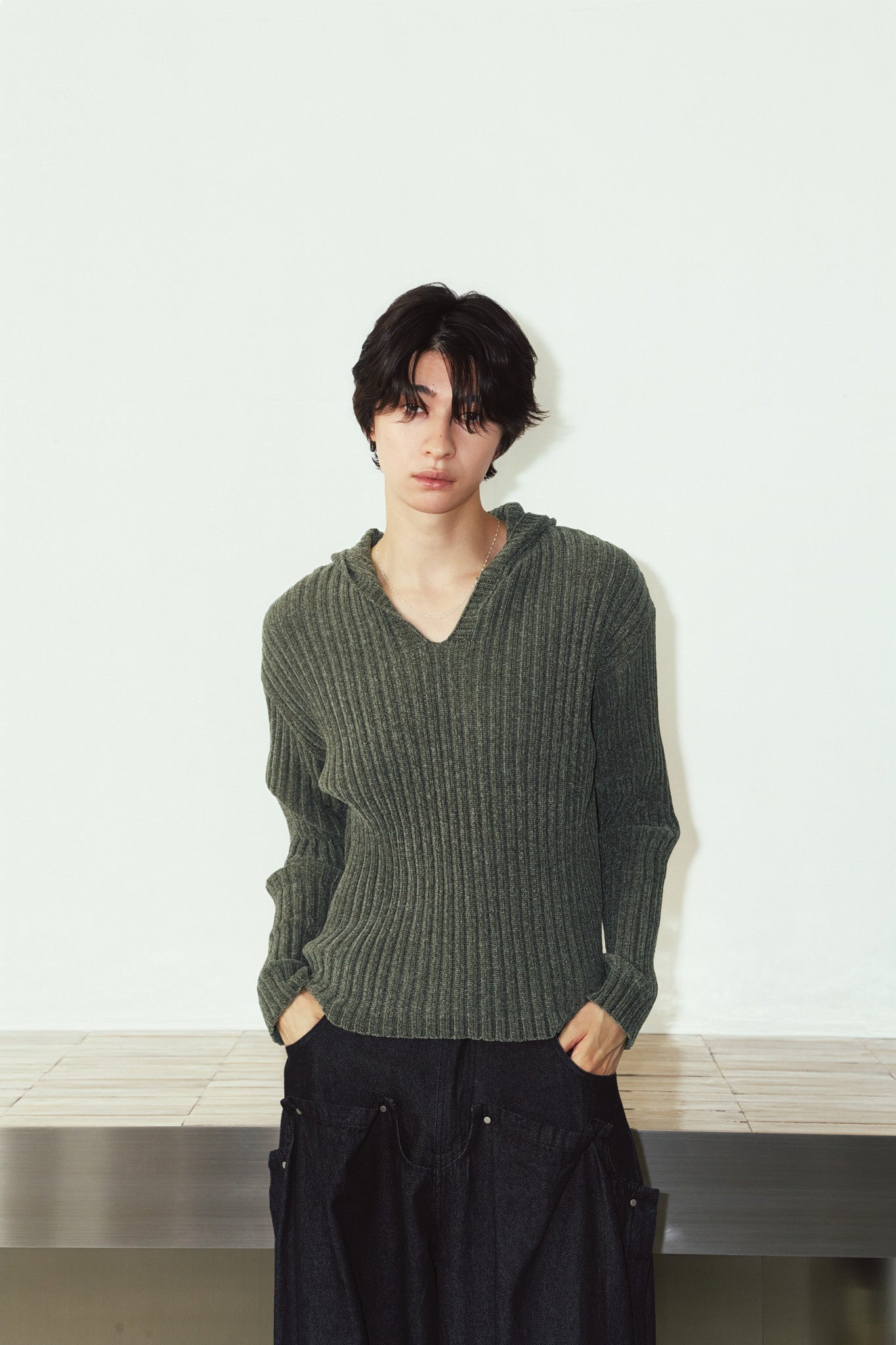rib hoodie boucle knit/khaki