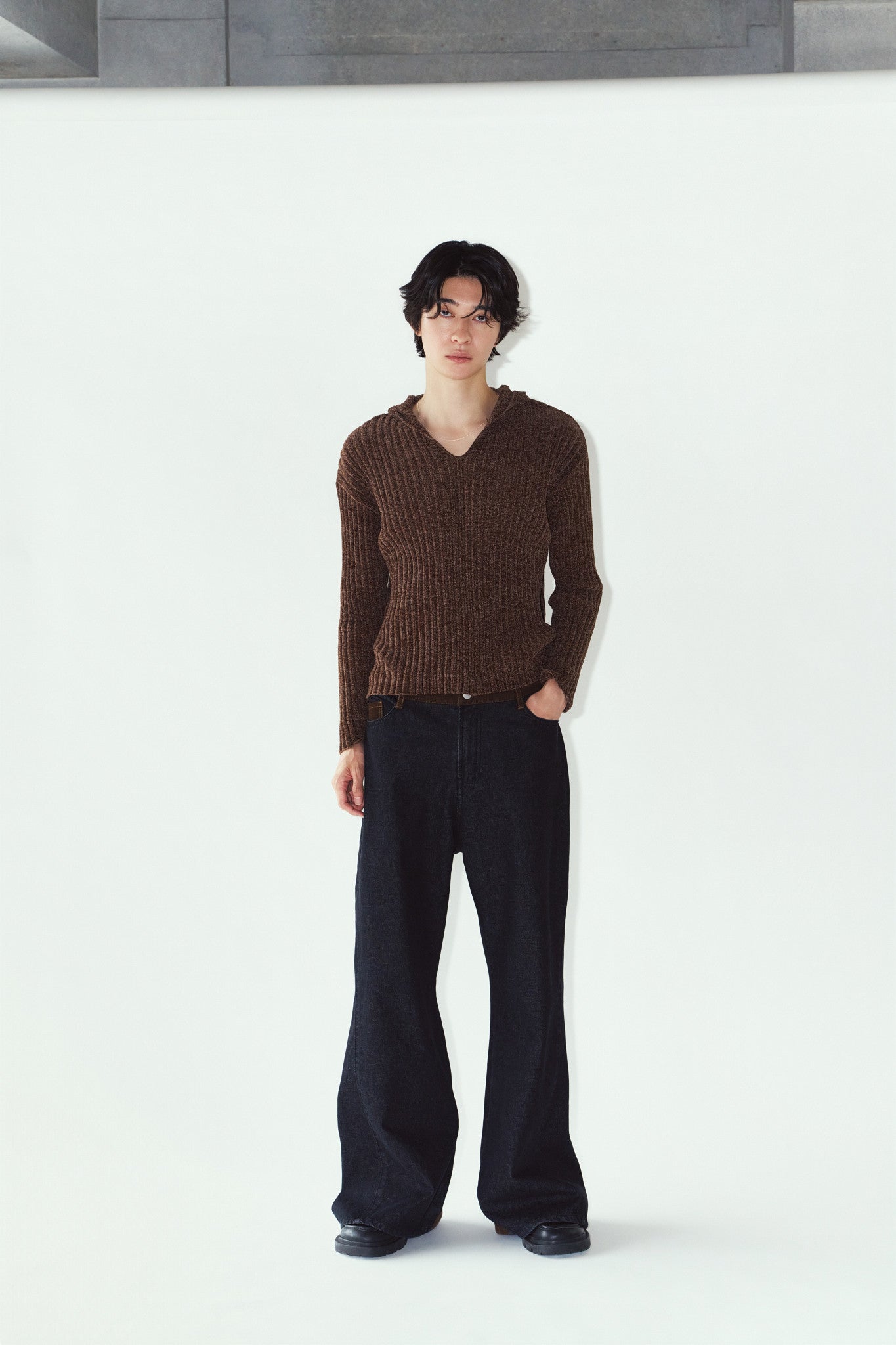 rib hoodie boucle knit/brown