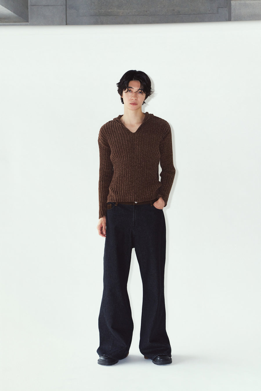 rib hoodie boucle knit/brown