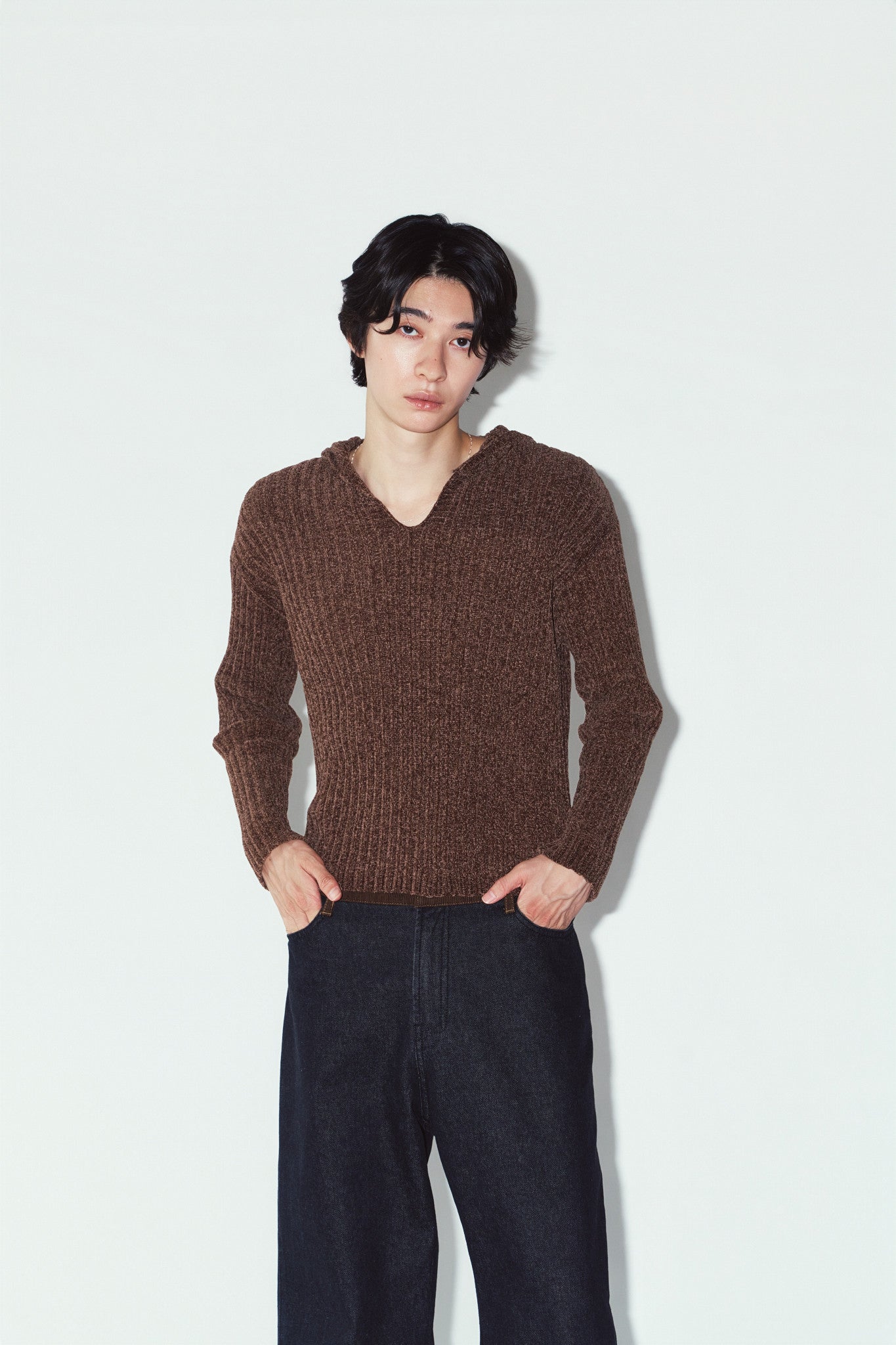rib hoodie boucle knit/brown