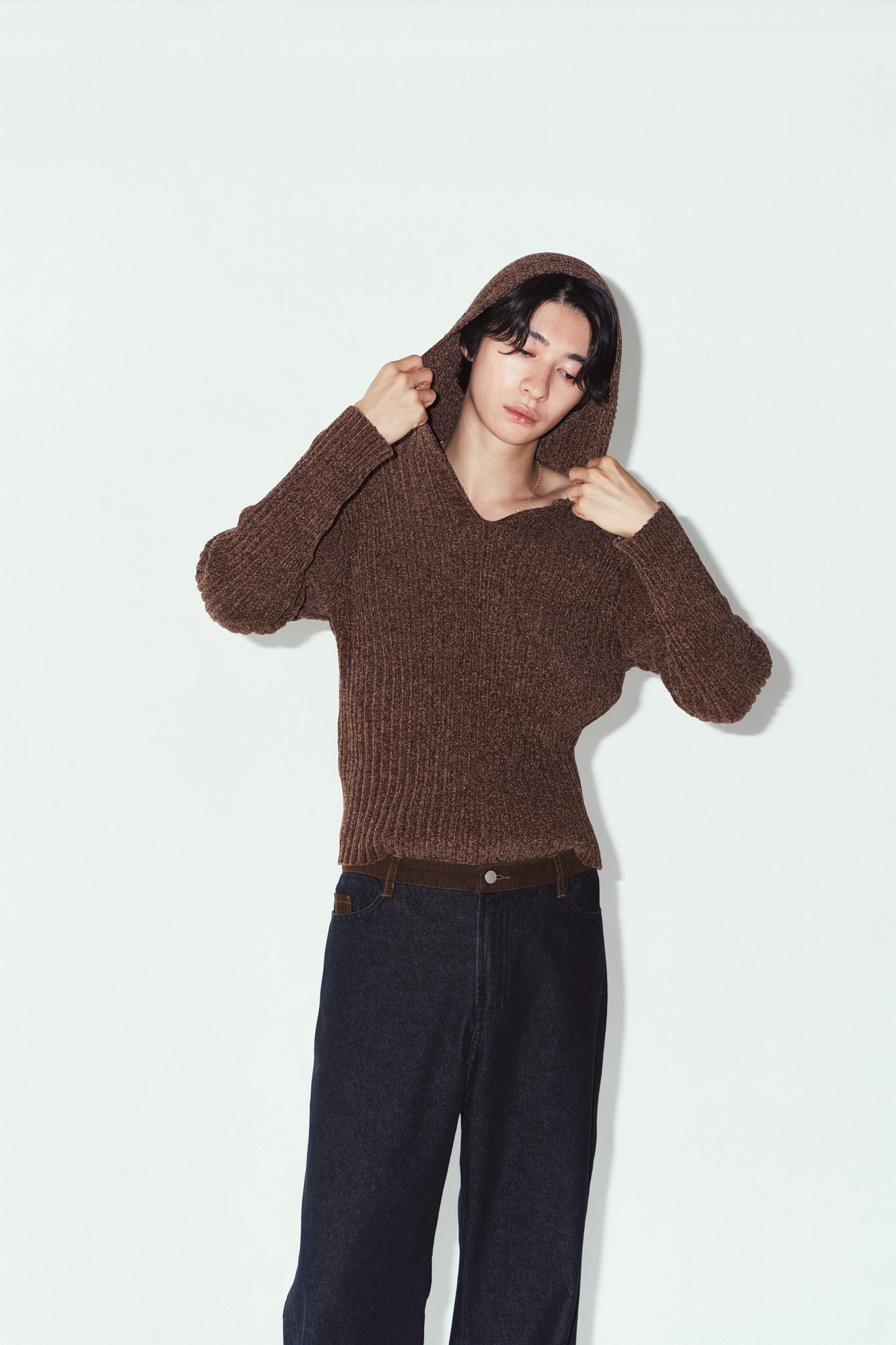 rib hoodie boucle knit/brown