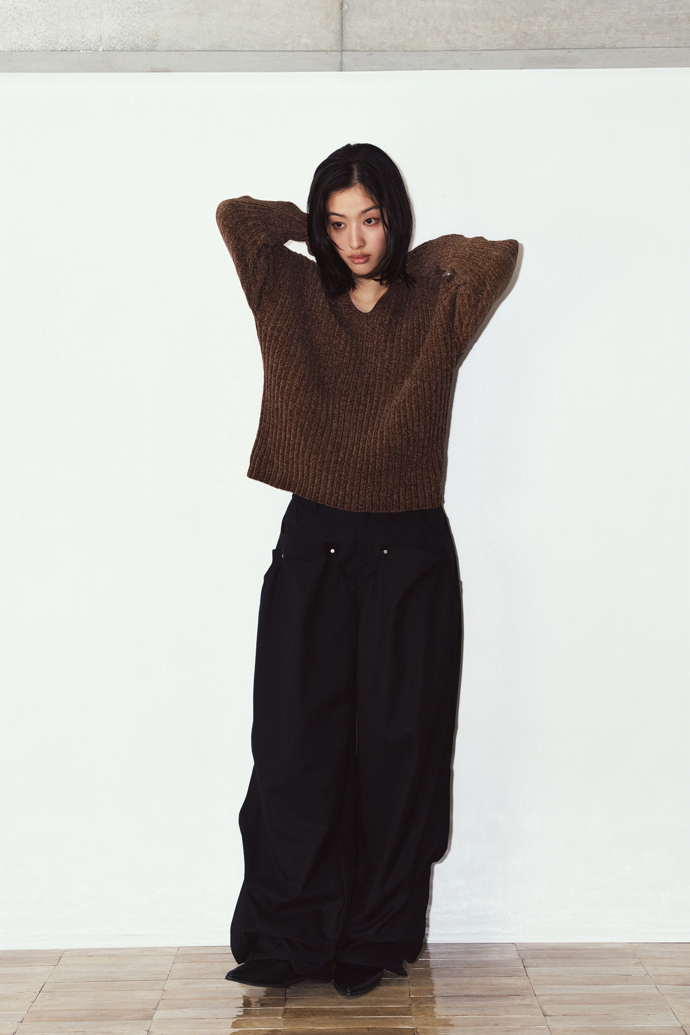 rib hoodie boucle knit/brown