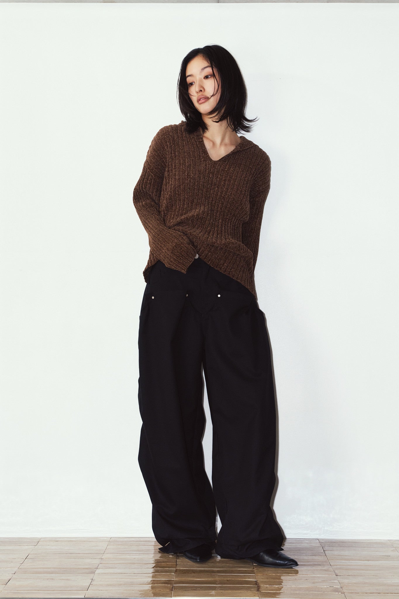 rib hoodie boucle knit/brown
