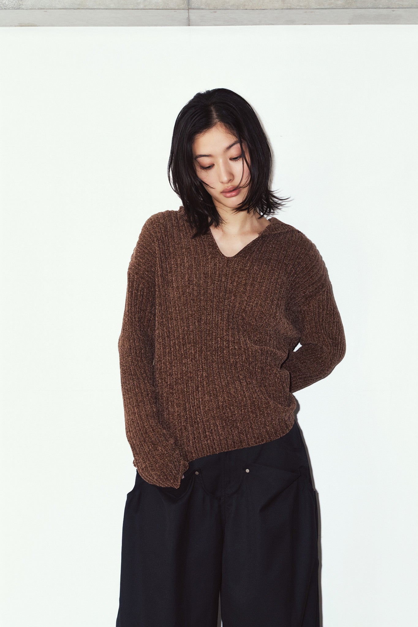 rib hoodie boucle knit/brown